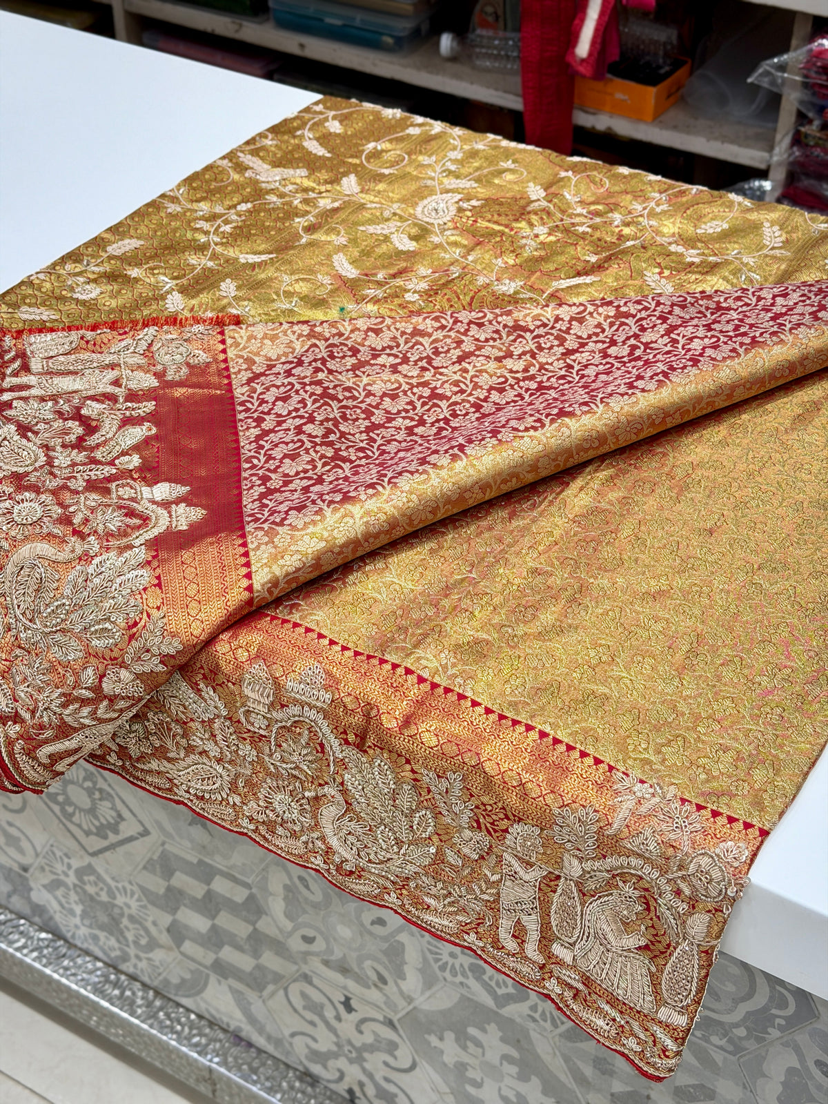 Red Tissue Kanjivaram Zardosi Doli Hand Embroidery Saree
