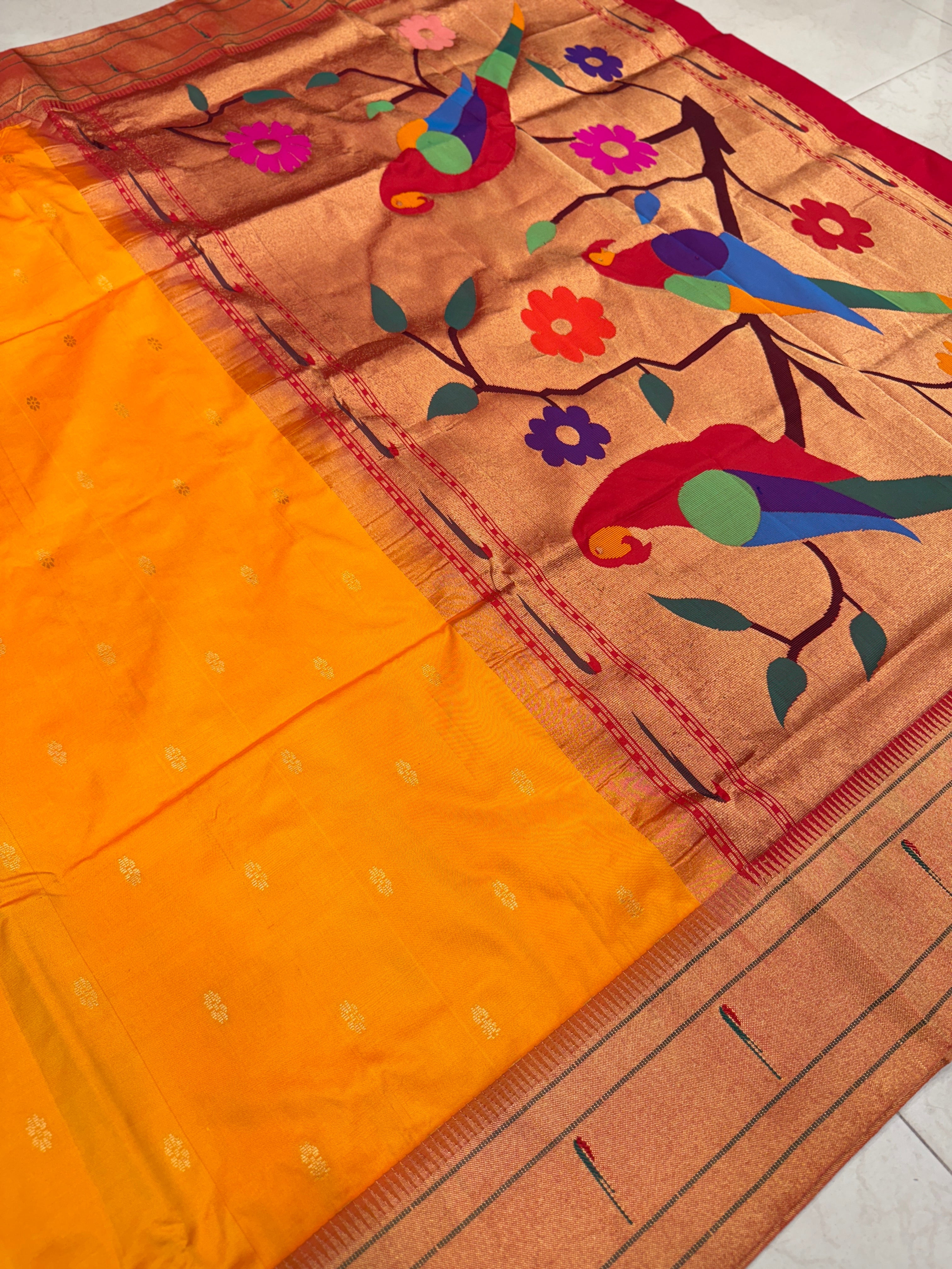 Yellow Muniya Pure Silk Handloom Paithani Saree