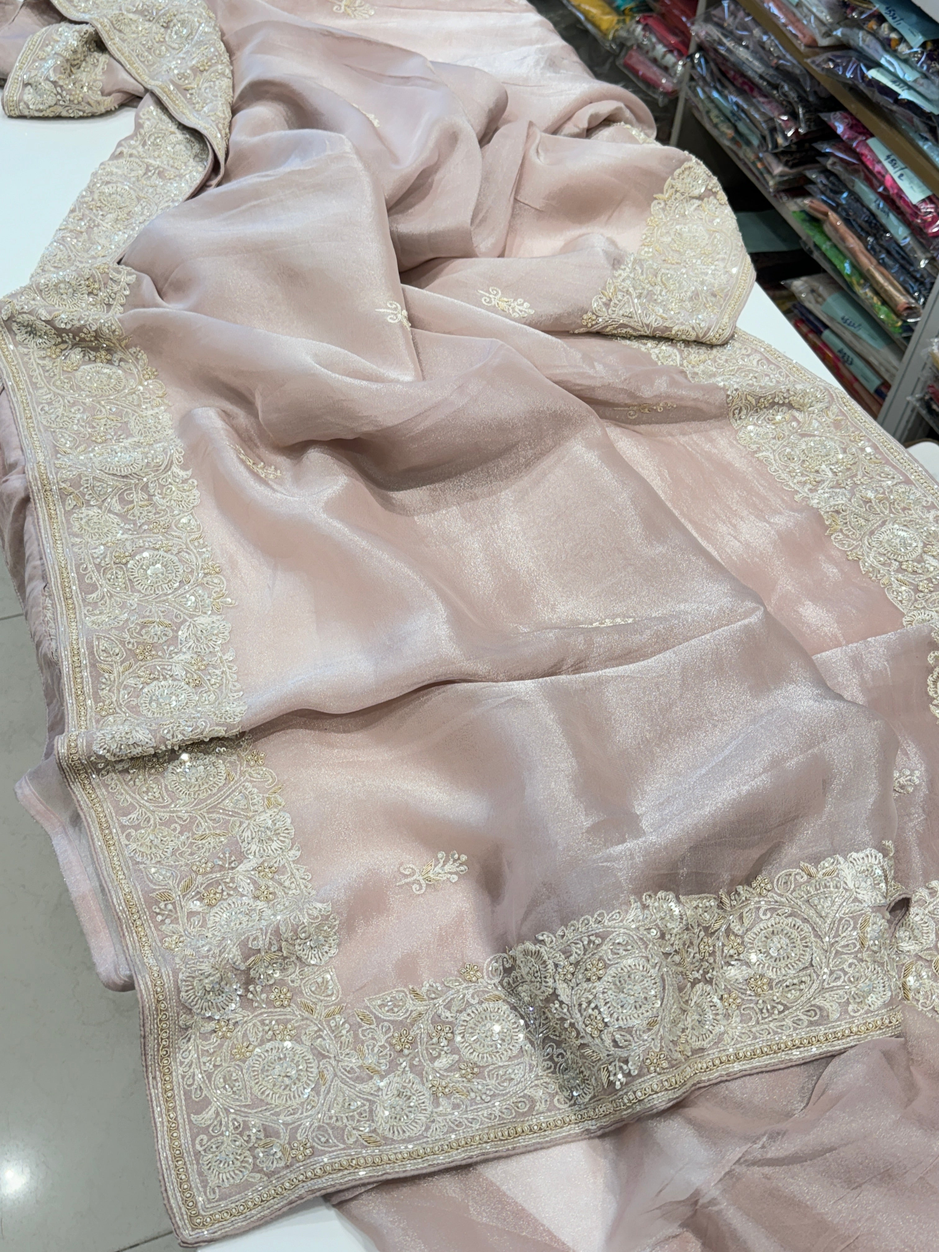 Kareena Kapoor Inspired Tissue Embroidery Saree Nude Pink