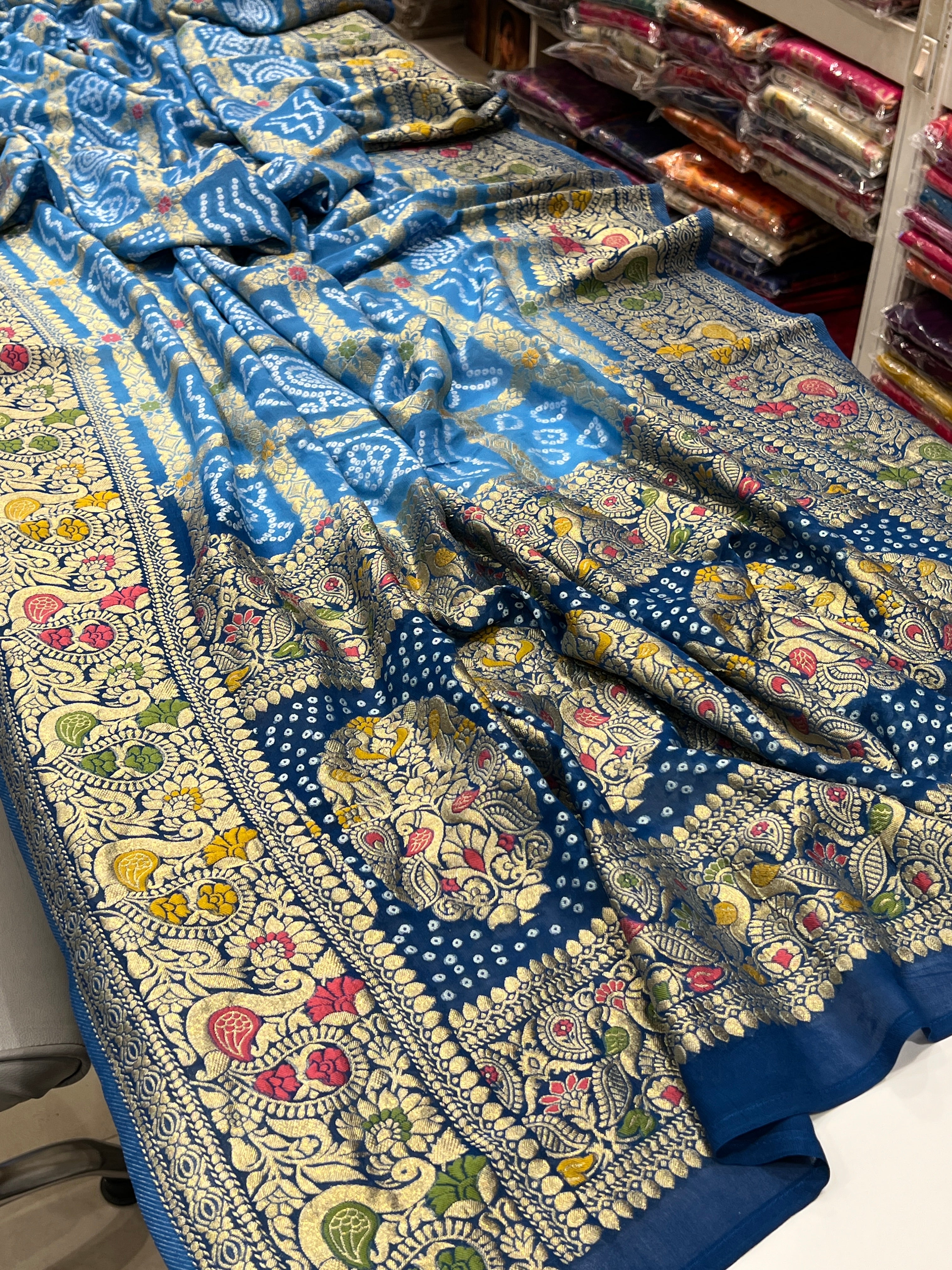 Shaded Blue Woven Bandhej Gharchola Saree