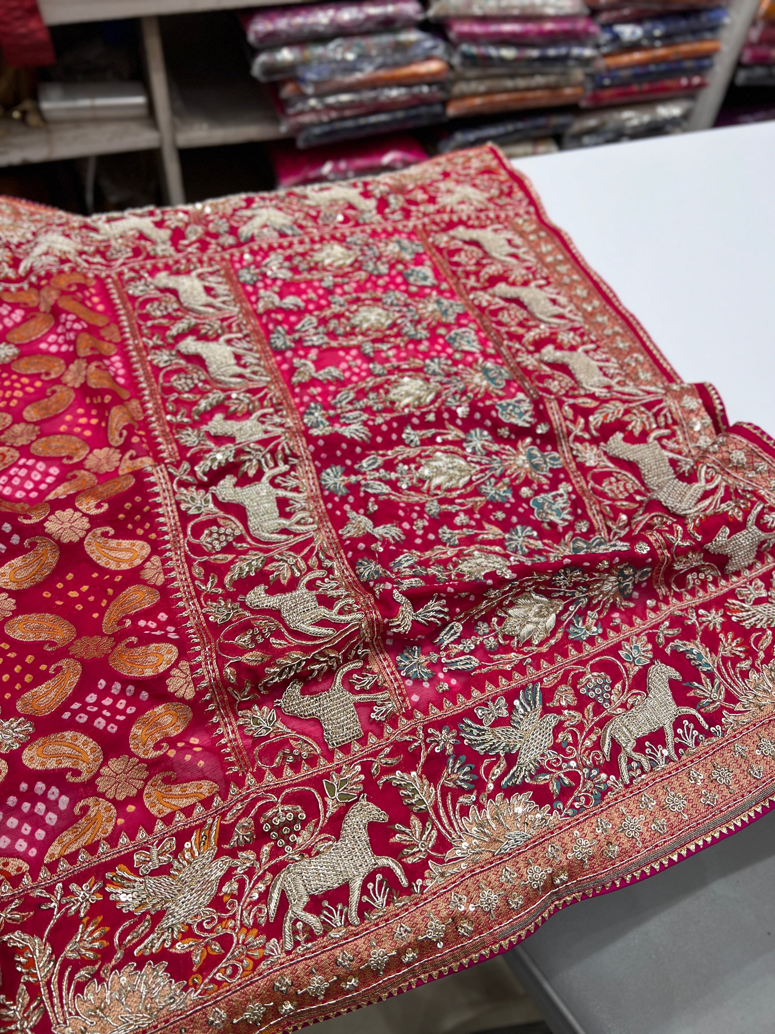 Pinkish Red Bandhej Meenakari Zardozi Saree