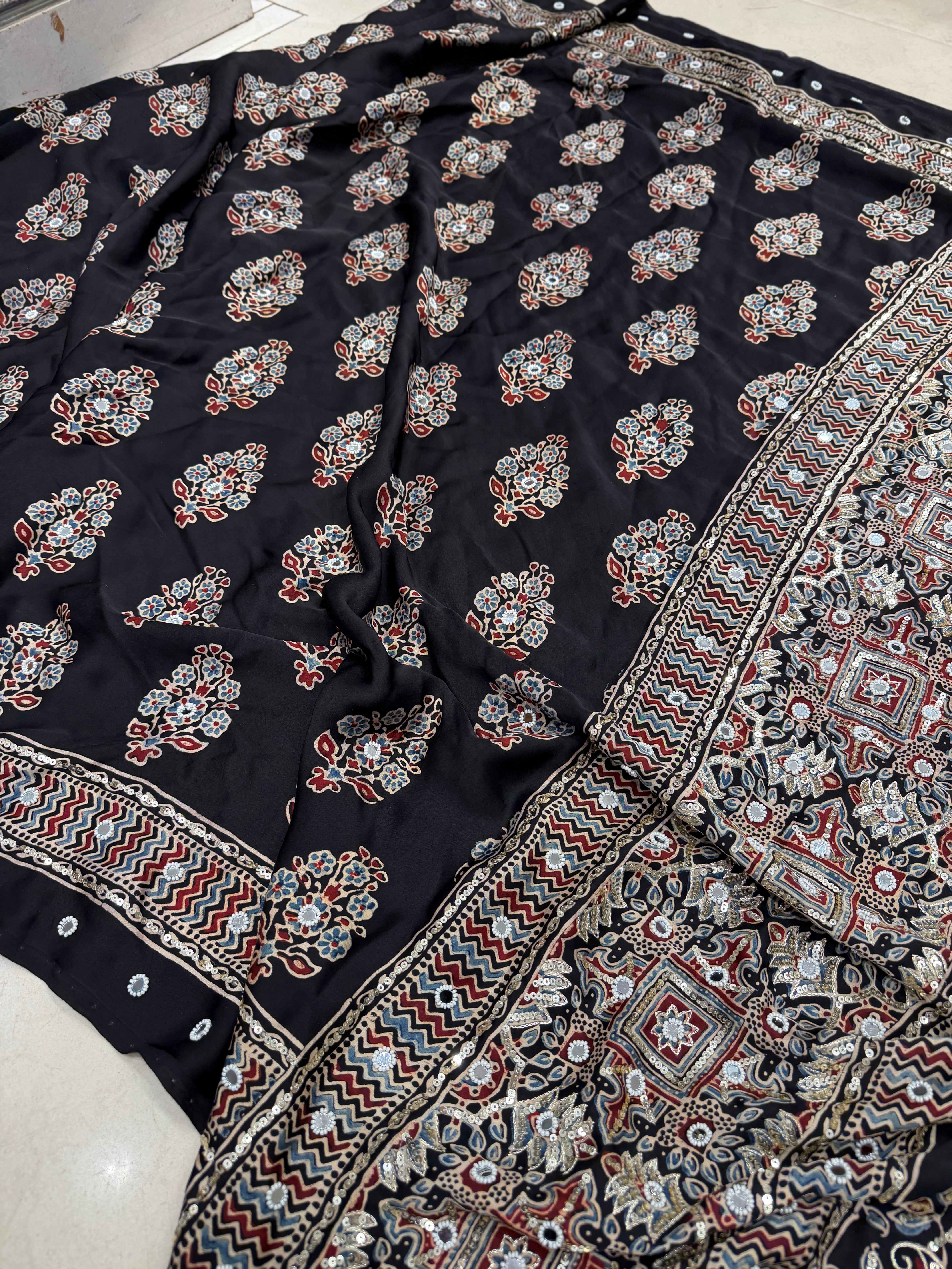 Black Ajrakh Butta Real Mirror Moti Sequin Hand Embroidery Saree