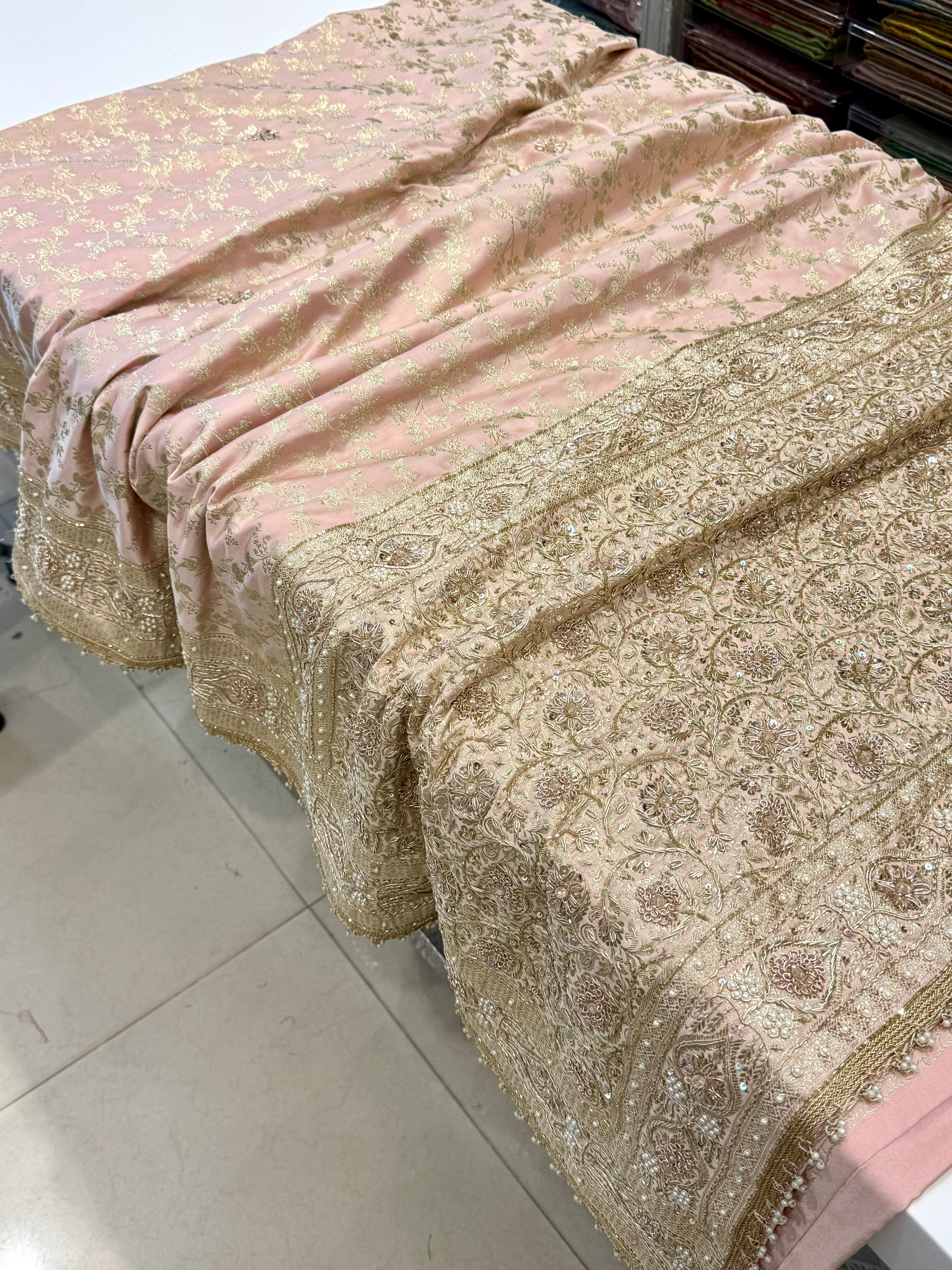 Pink Banarasi Pine Jaal Crystal Hand Embroidery Zardosi Saree