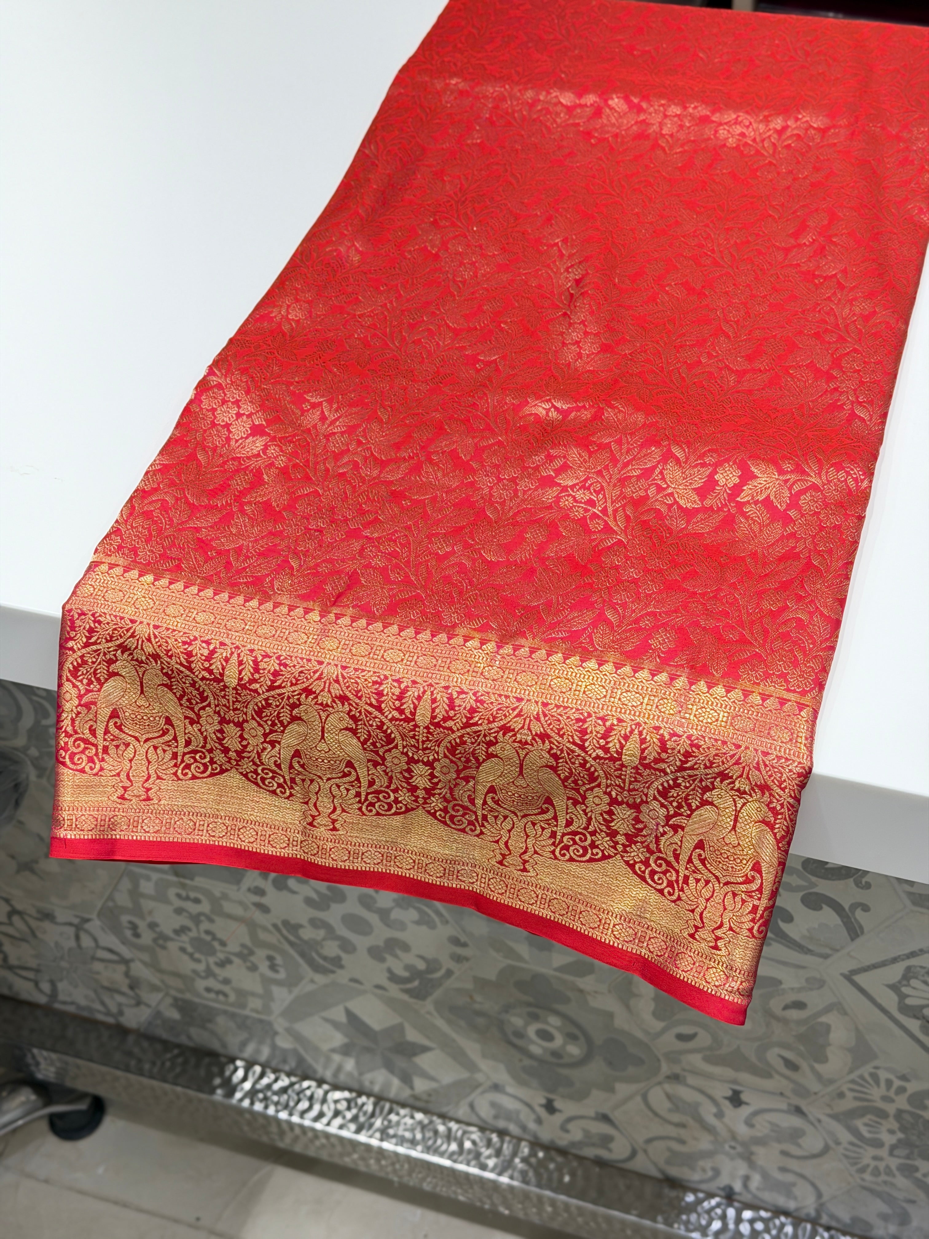 Cross Red Pure Silk Parrot Motifs Kanjivaram Saree