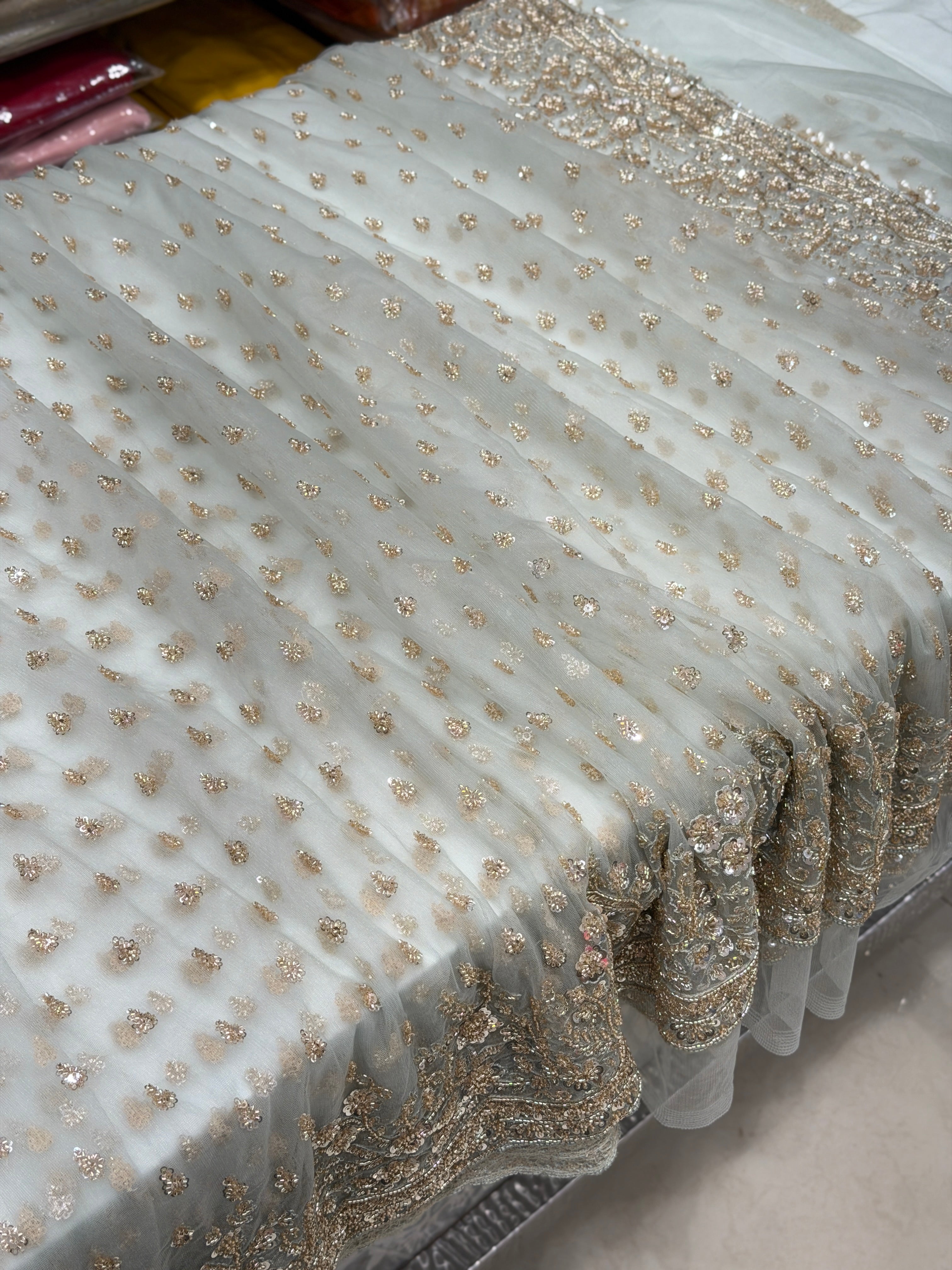 Light Blue Buttis Heavy Blouse Soft Net Embroidery Saree