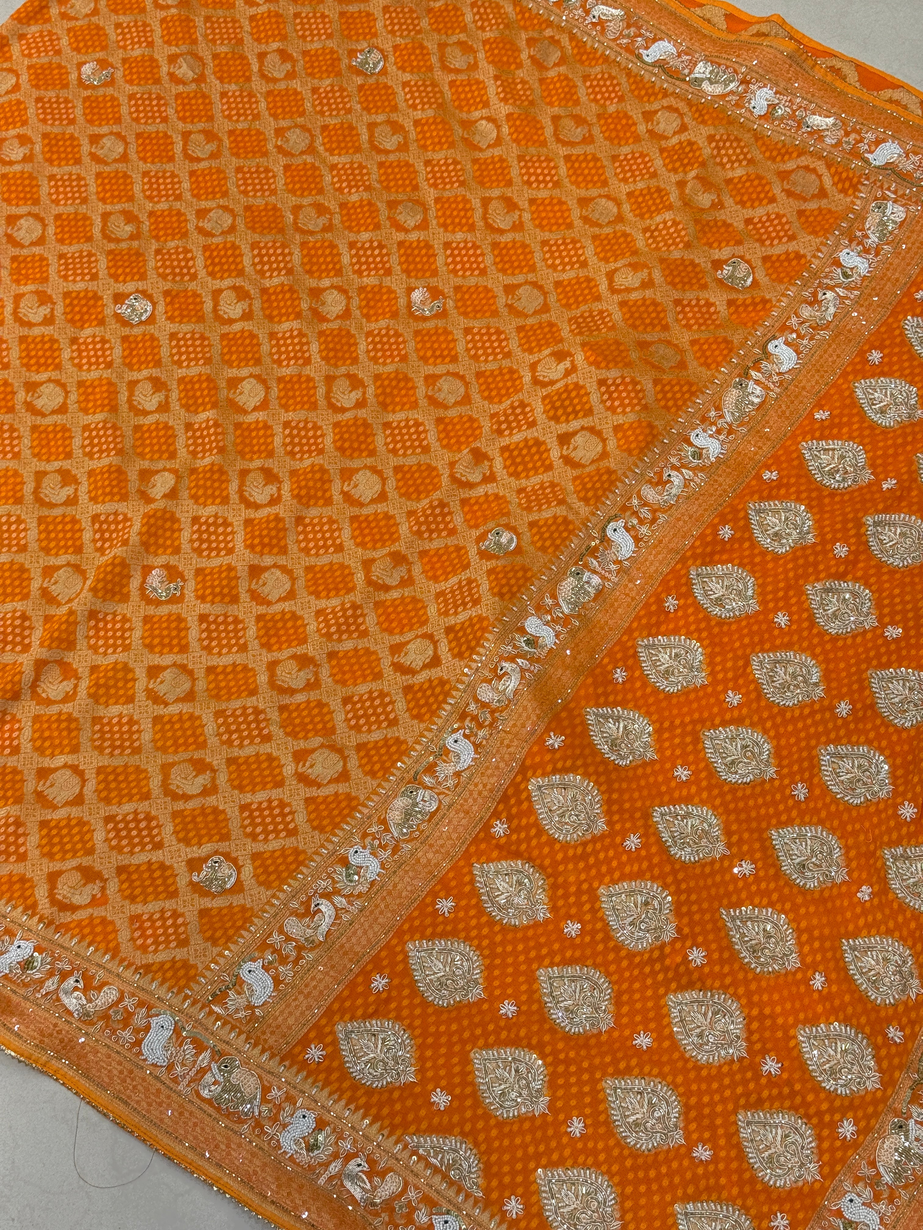 Orange Woven Bandhej Georgette Hand Embroidery Saree