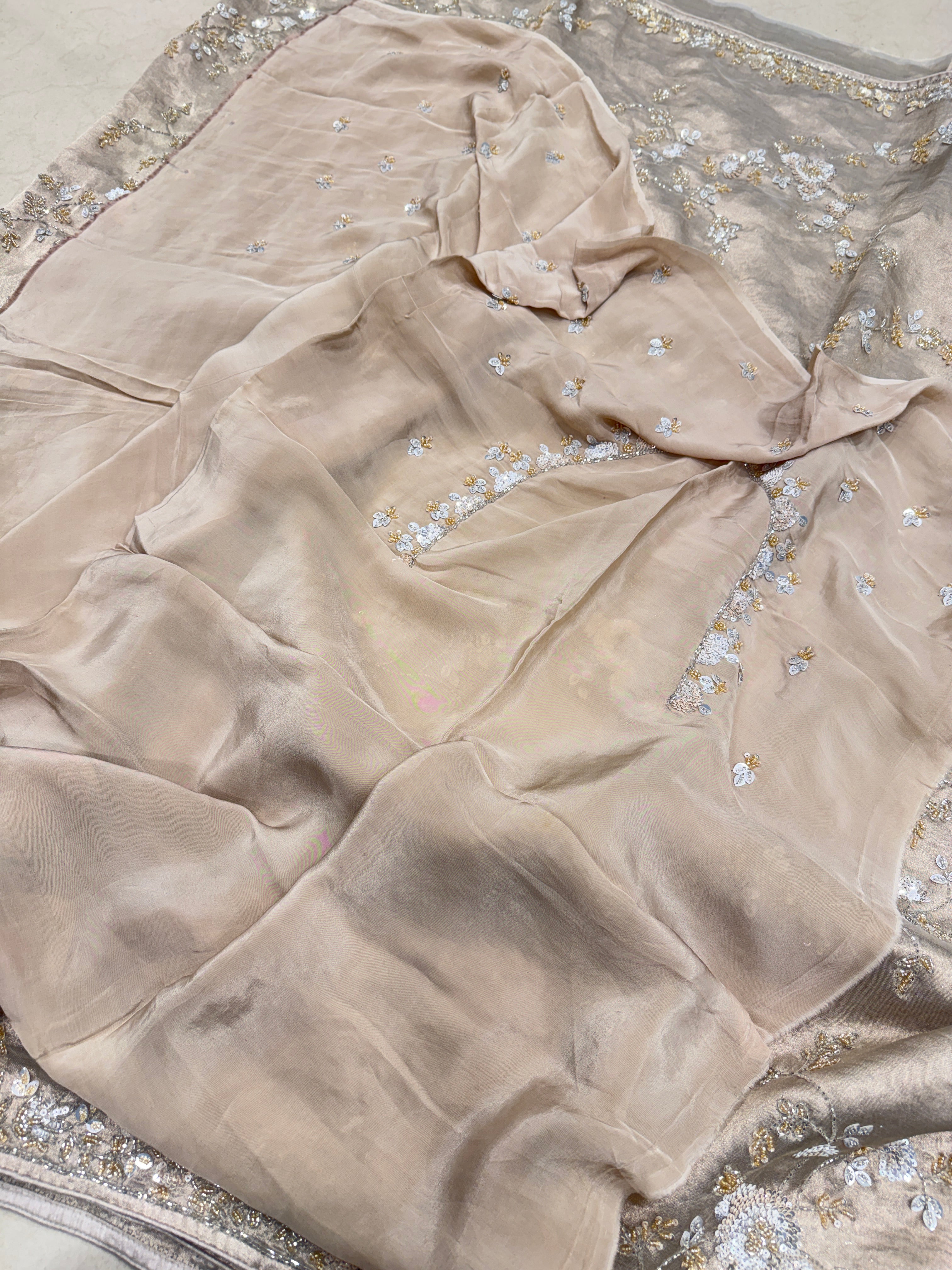 Rosegold Silver Pure Tissue Silk Sequin Moti Hand Embroidery Saree