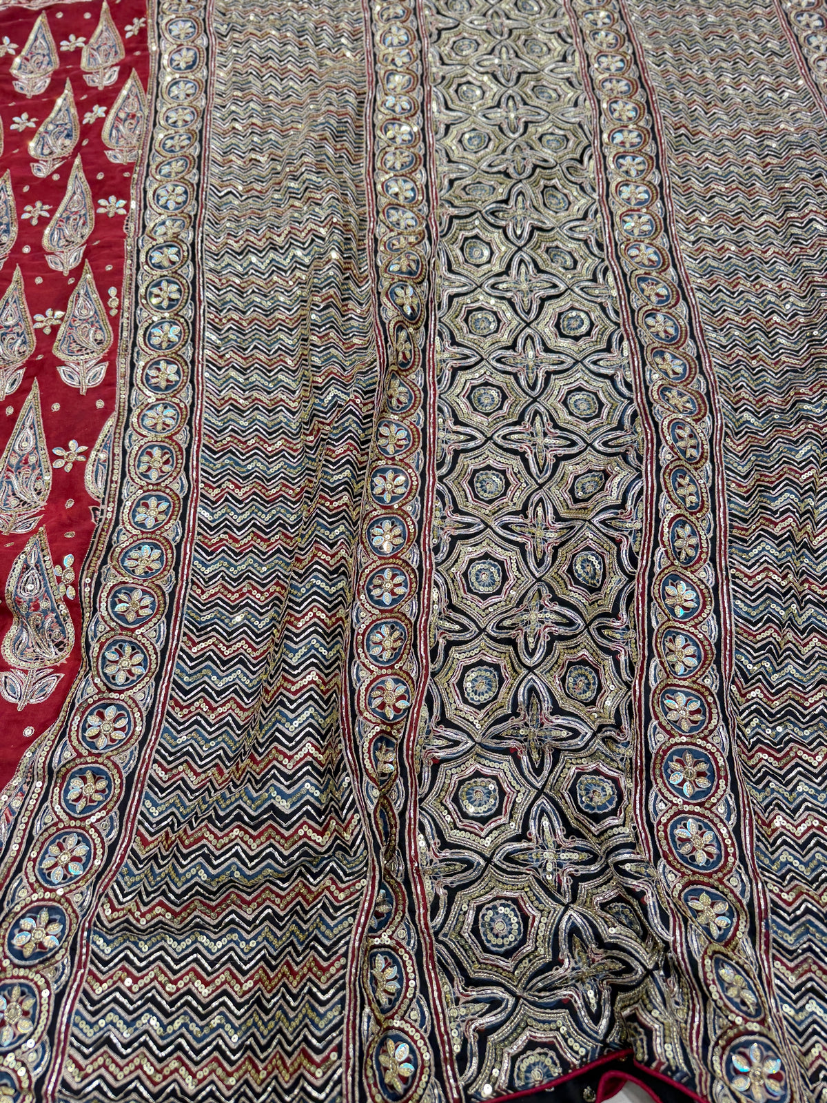 Red Buttas Pita Zardosi Sequin Ajrakh Hand Embroidery Saree