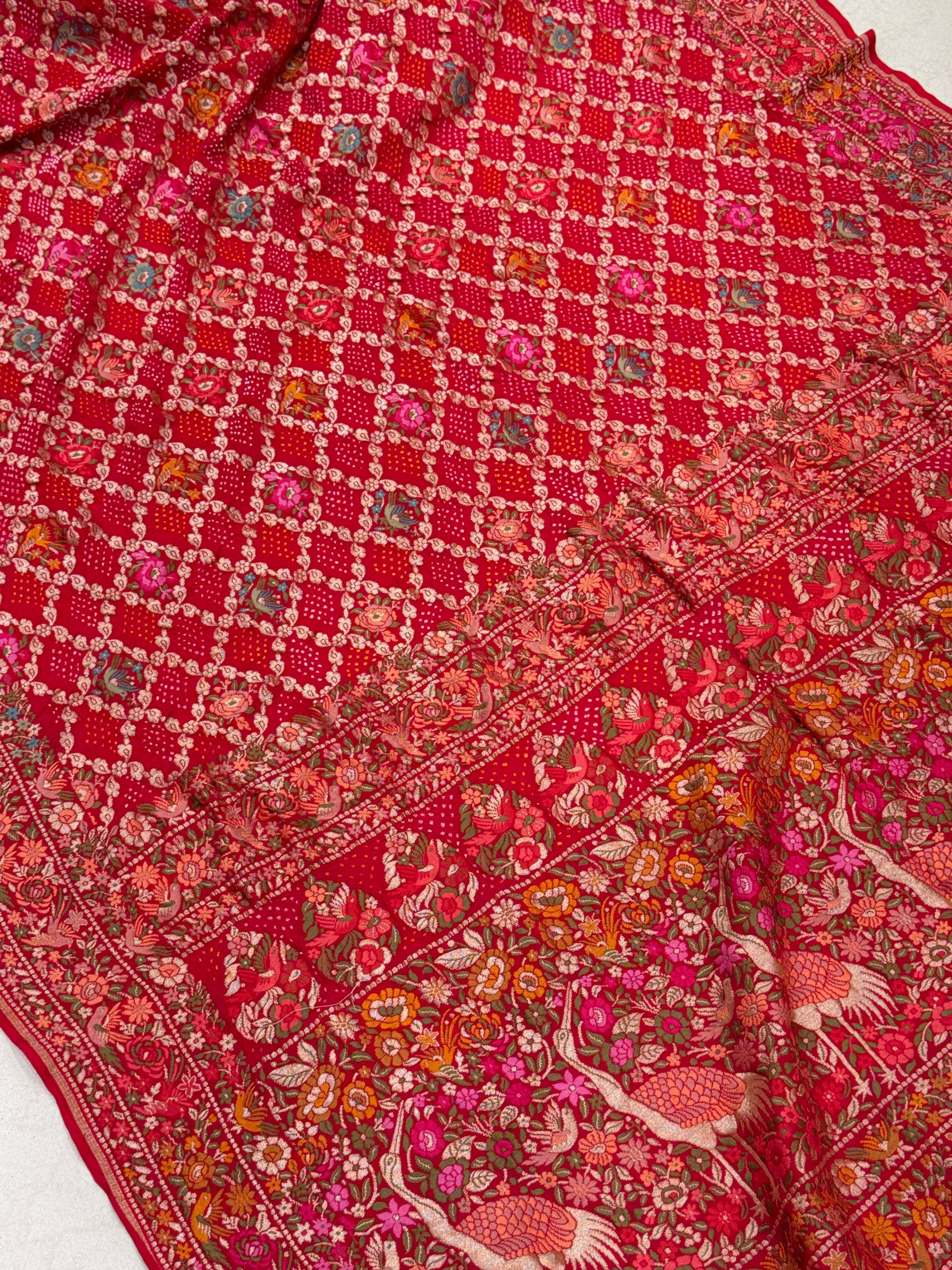 Red Parsi Gara Weaved Rani Bandhej Saree