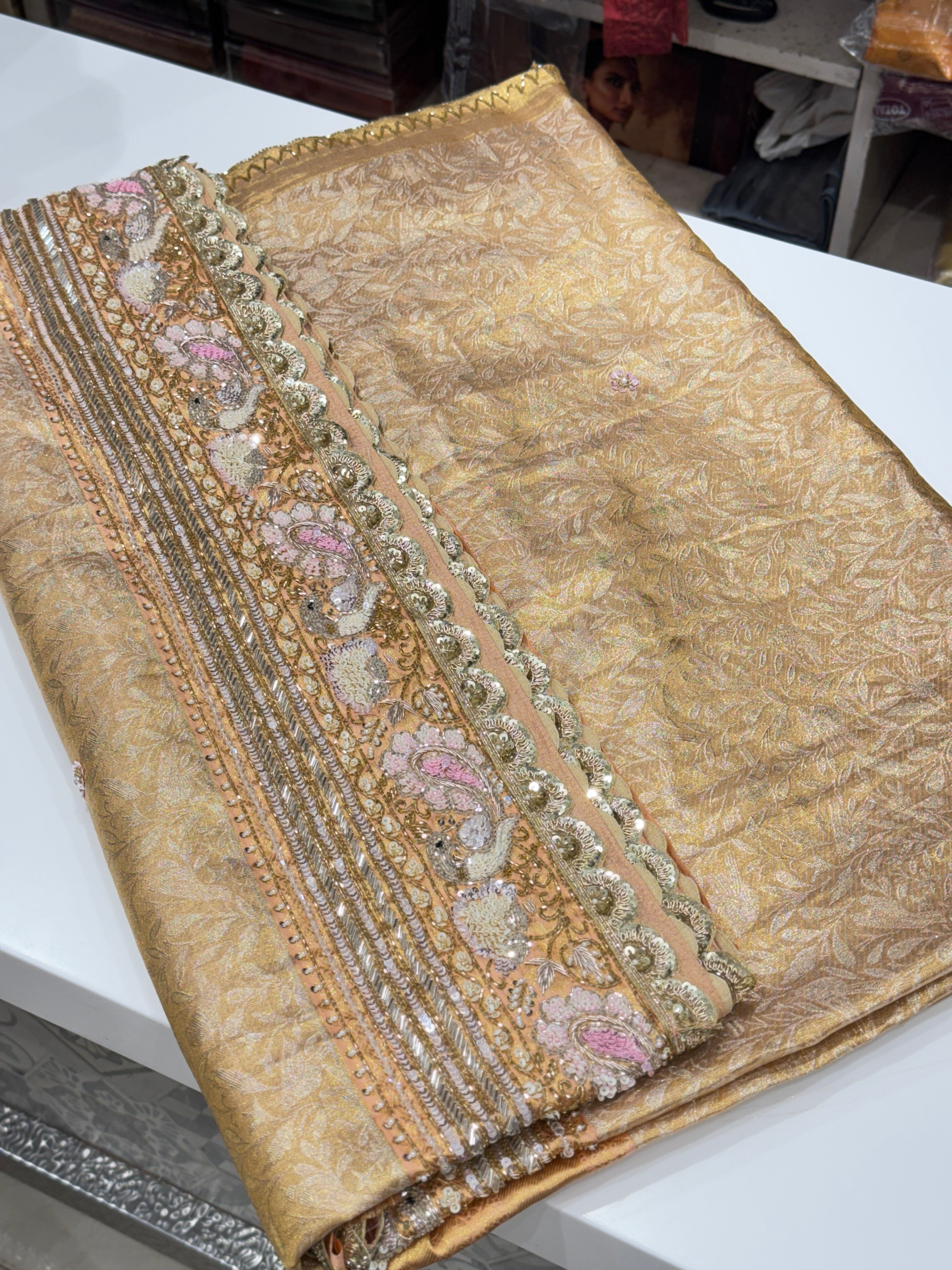Peach Kanjivaram Motif Hand Embroidery Saree