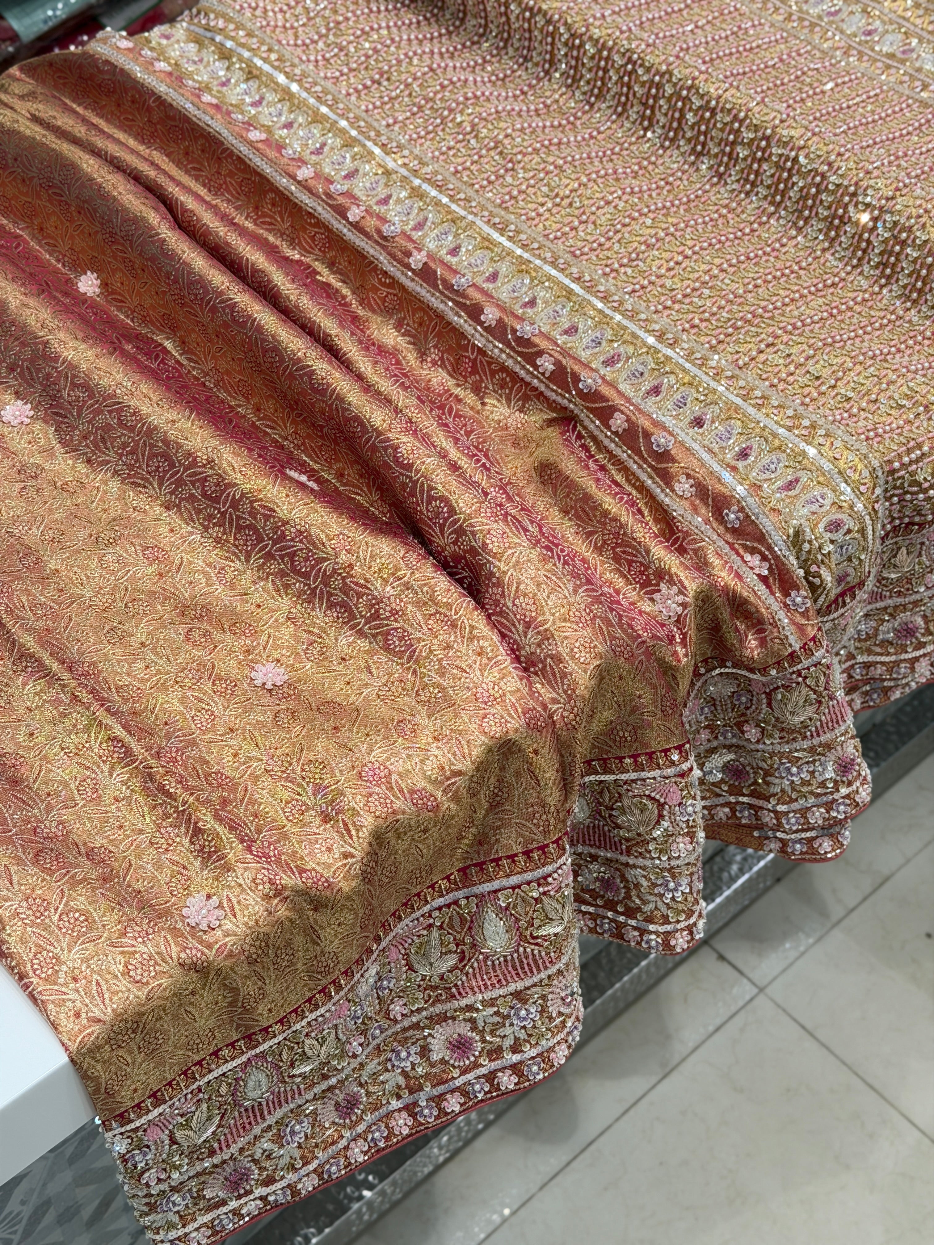 Rani Pink Golden Tissue Kanjivaram Moti Zardosi Hand Embroidery Saree