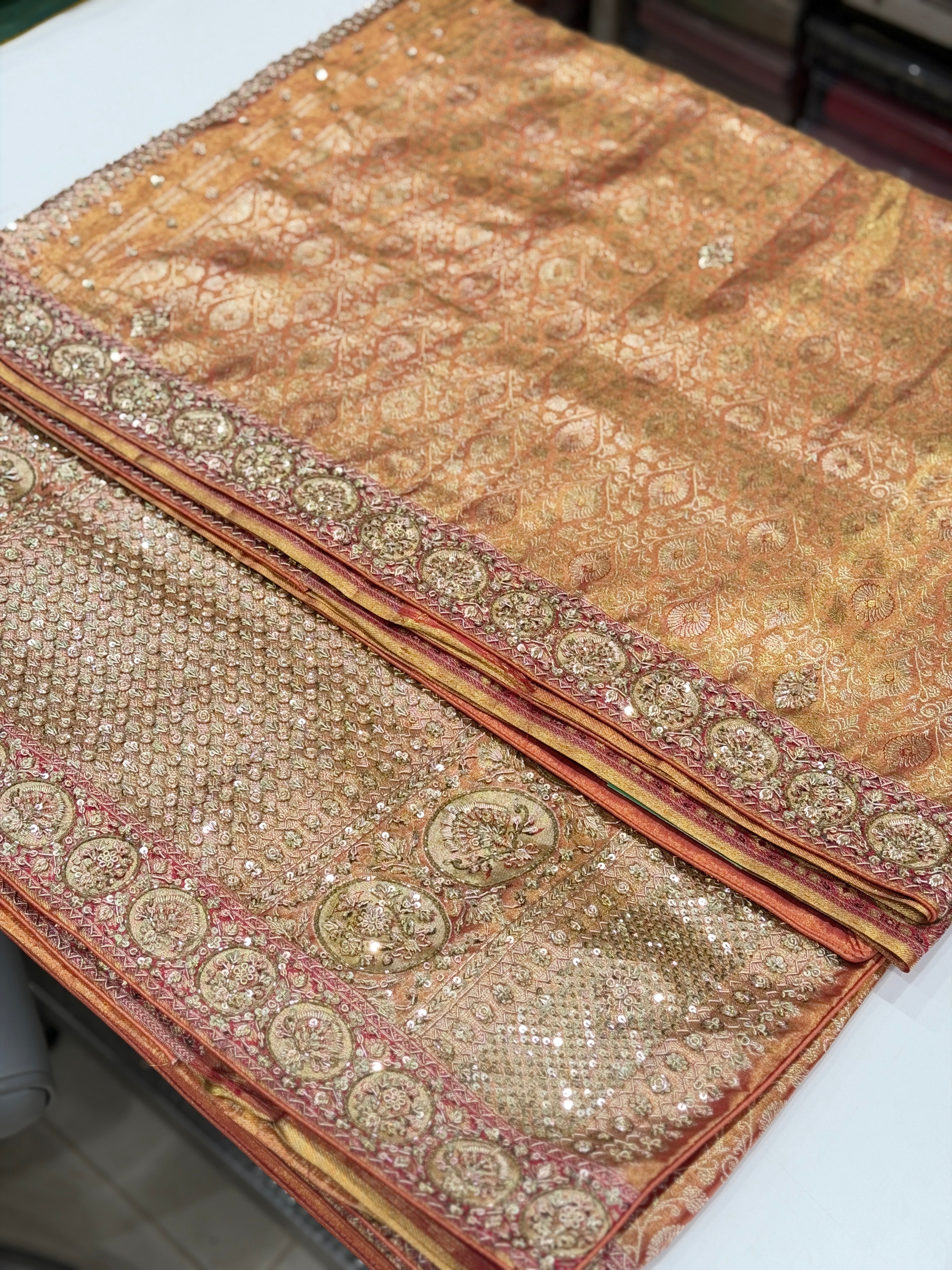 Red Tissue Kanjivaram Zardosi Meenakari Border Hand Embroidery Saree