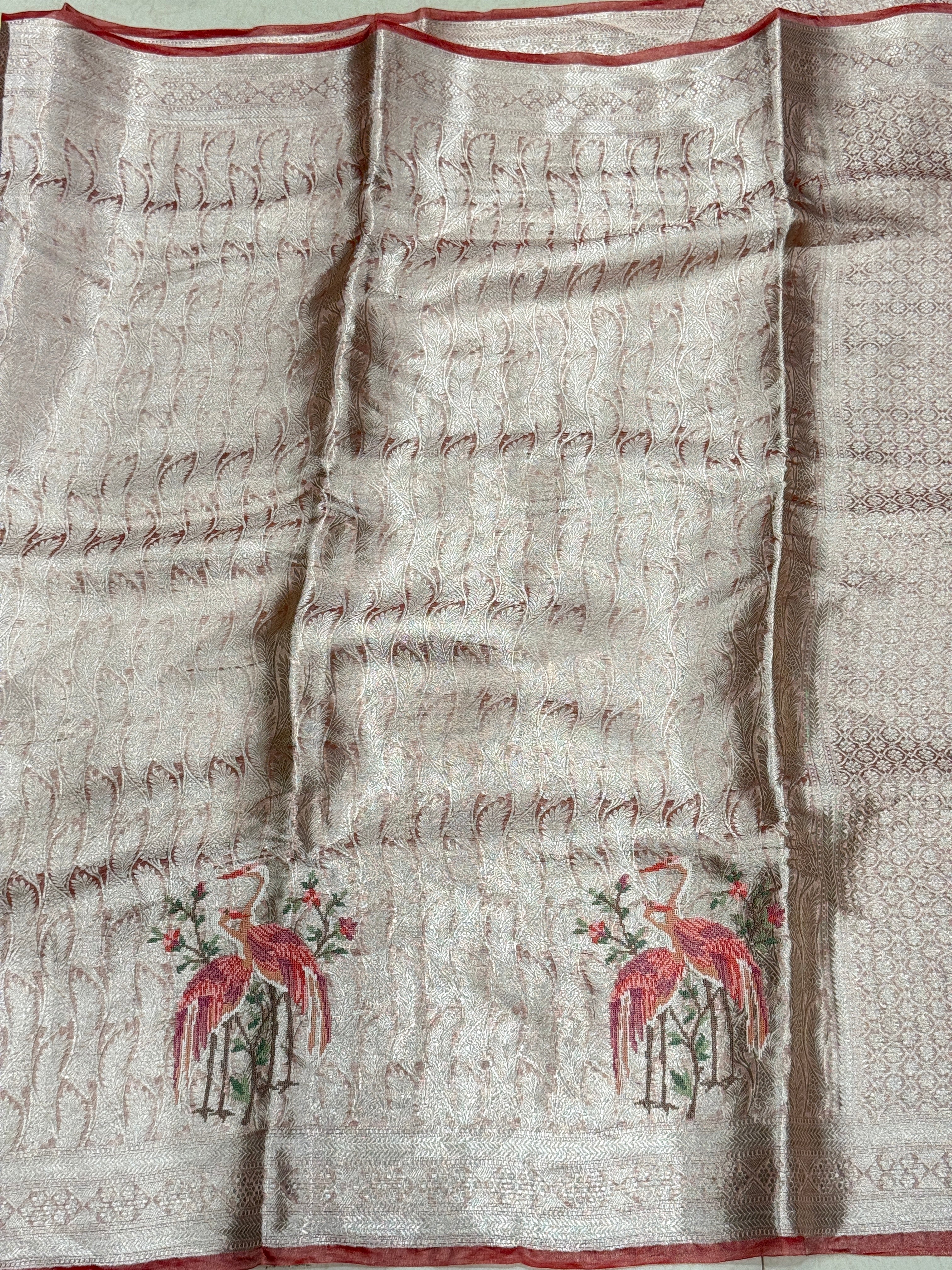 Crimson Silver Handloom Tissue Parsi Contemporary Resham Embroidery Saree