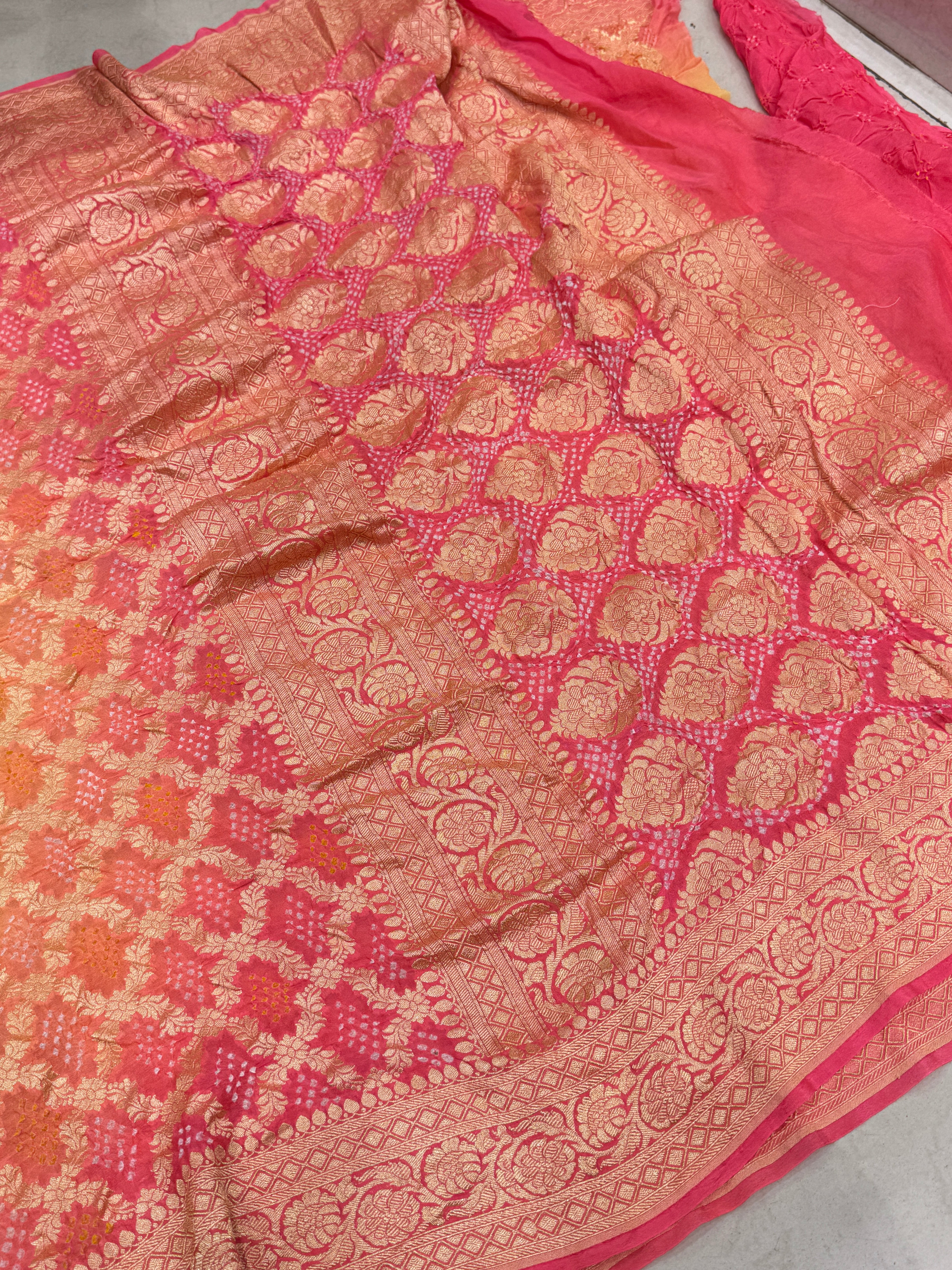 Peach Yellow Shaded Bandhej Bandhini Saree