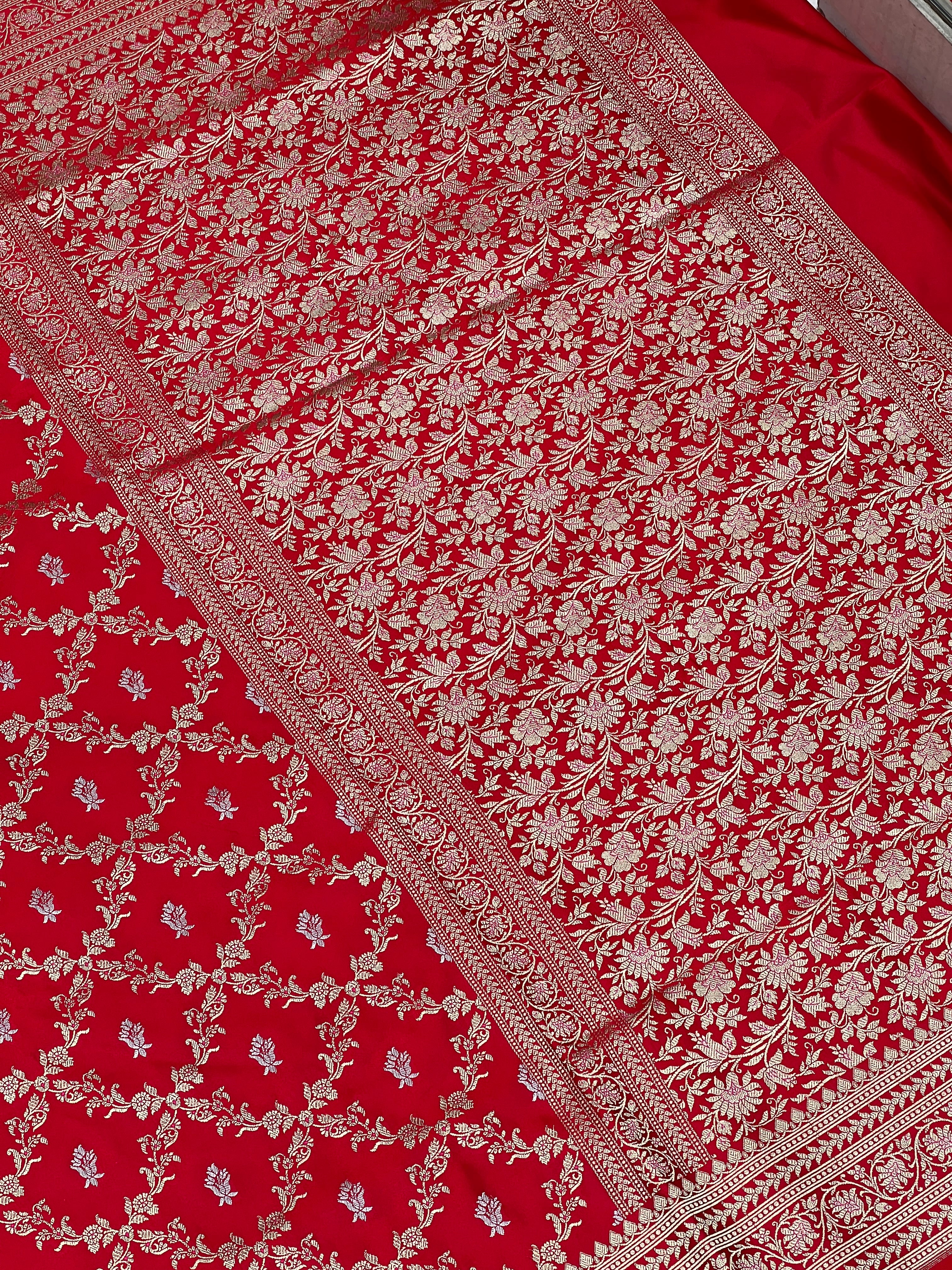 Red Banarasi Silk Criss Cross Butti Saree