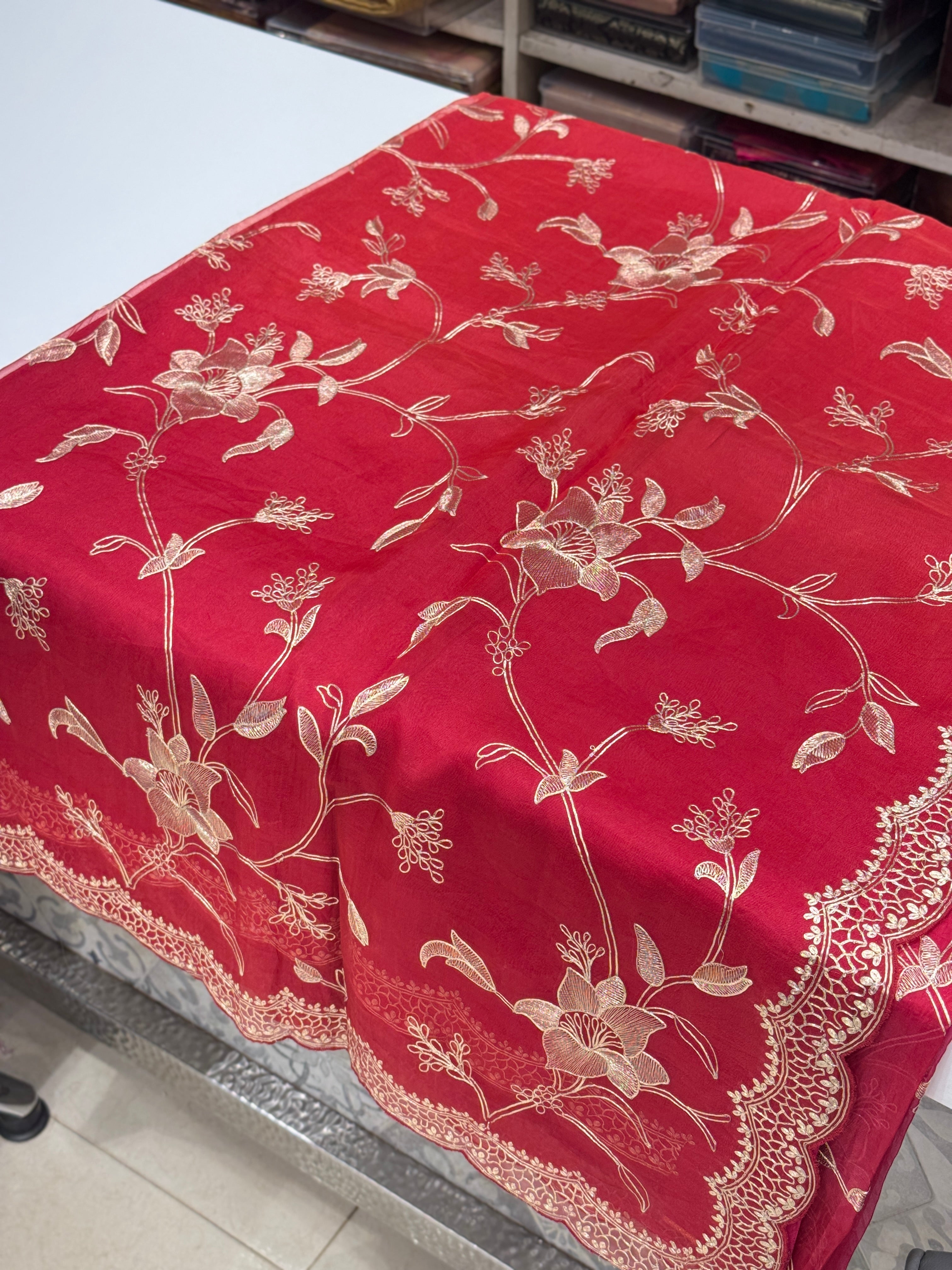 Rani Shaded Orange Handloom Pure Organza Pita Embroidery Saree