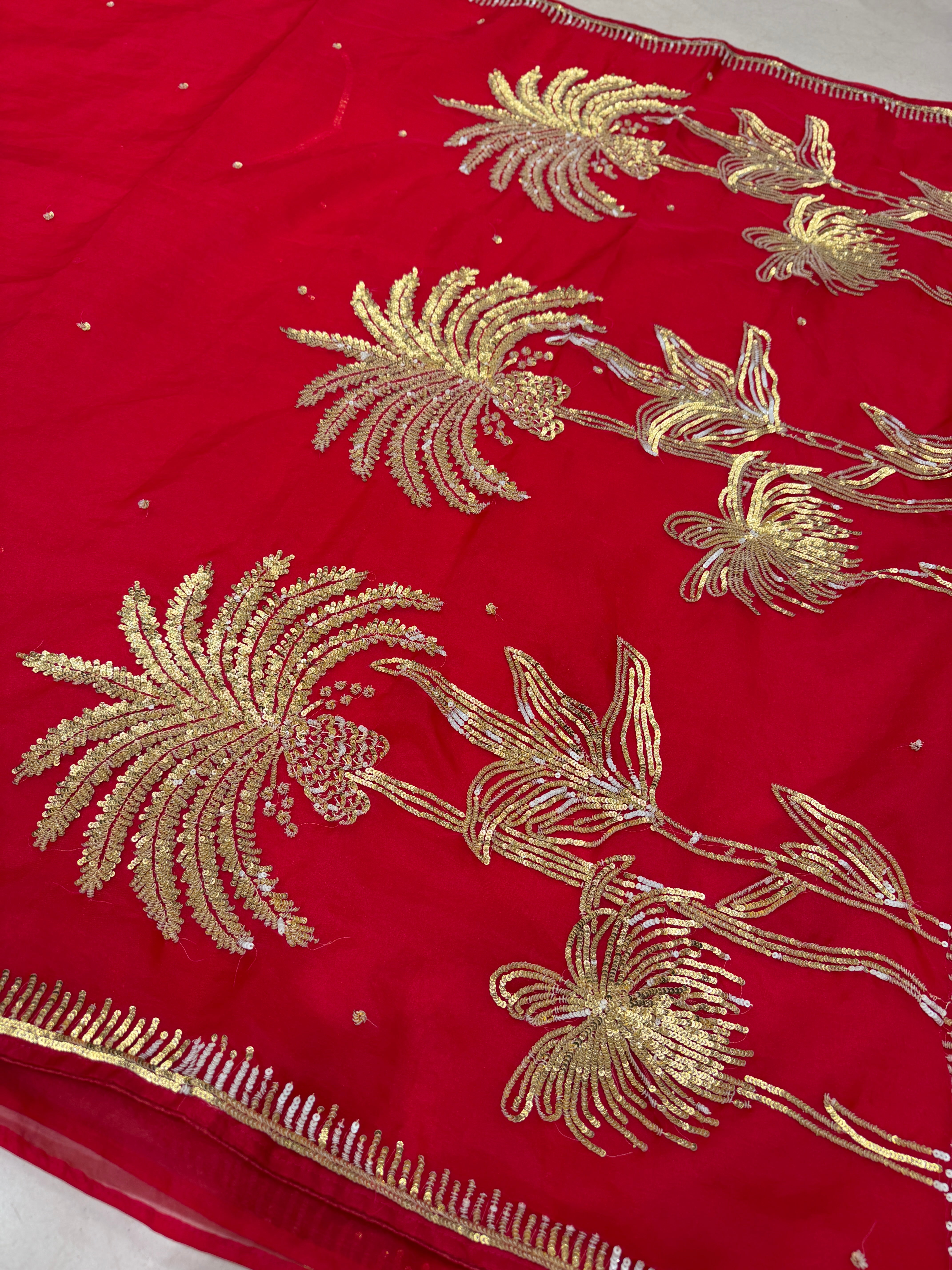 Red Raw Mango Inspired Organza Palm Tree Saree