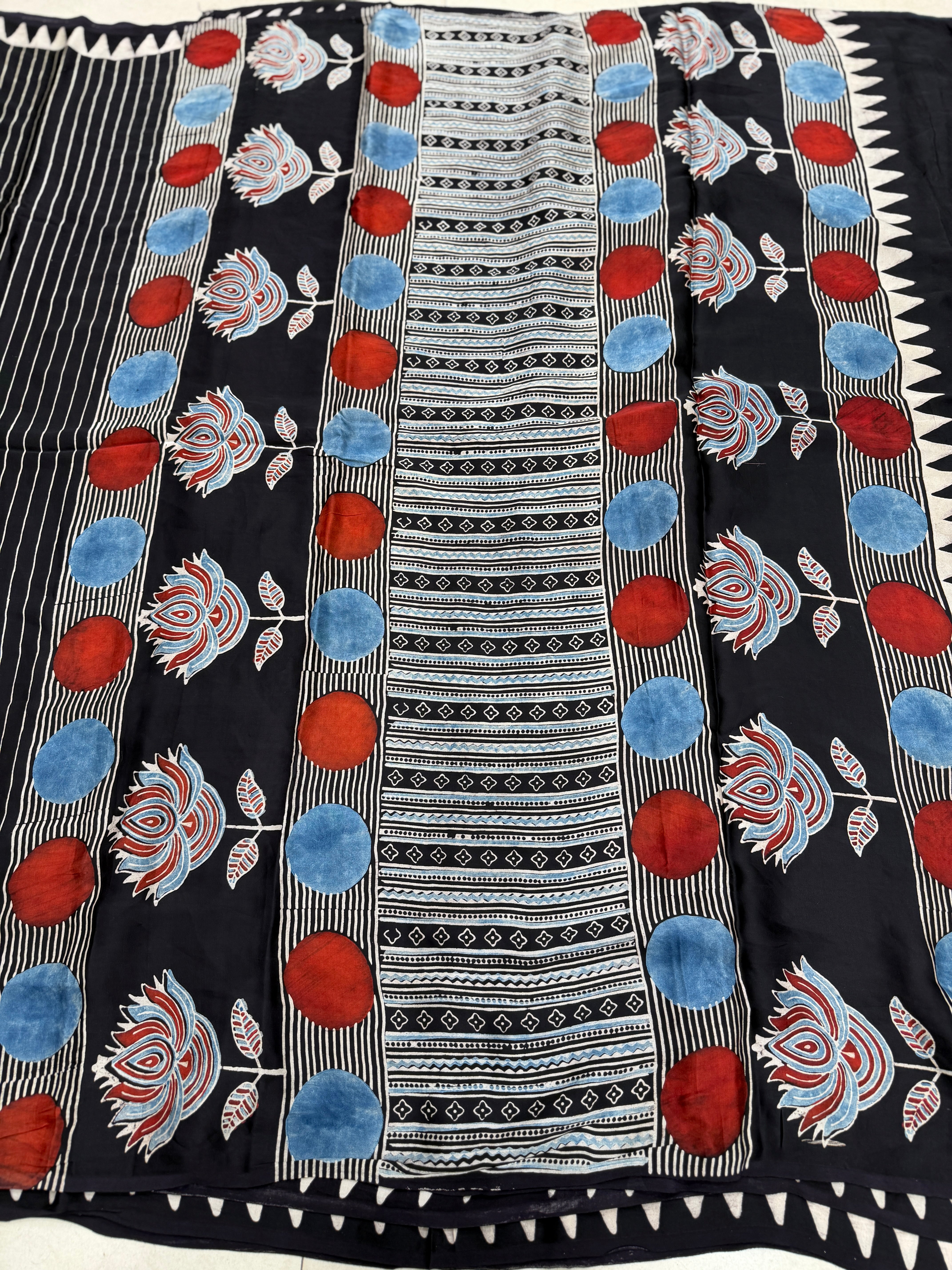Black Contemporary Floral Pallu Ajrakh Hand Block Print Pure Gajji Silk Saree