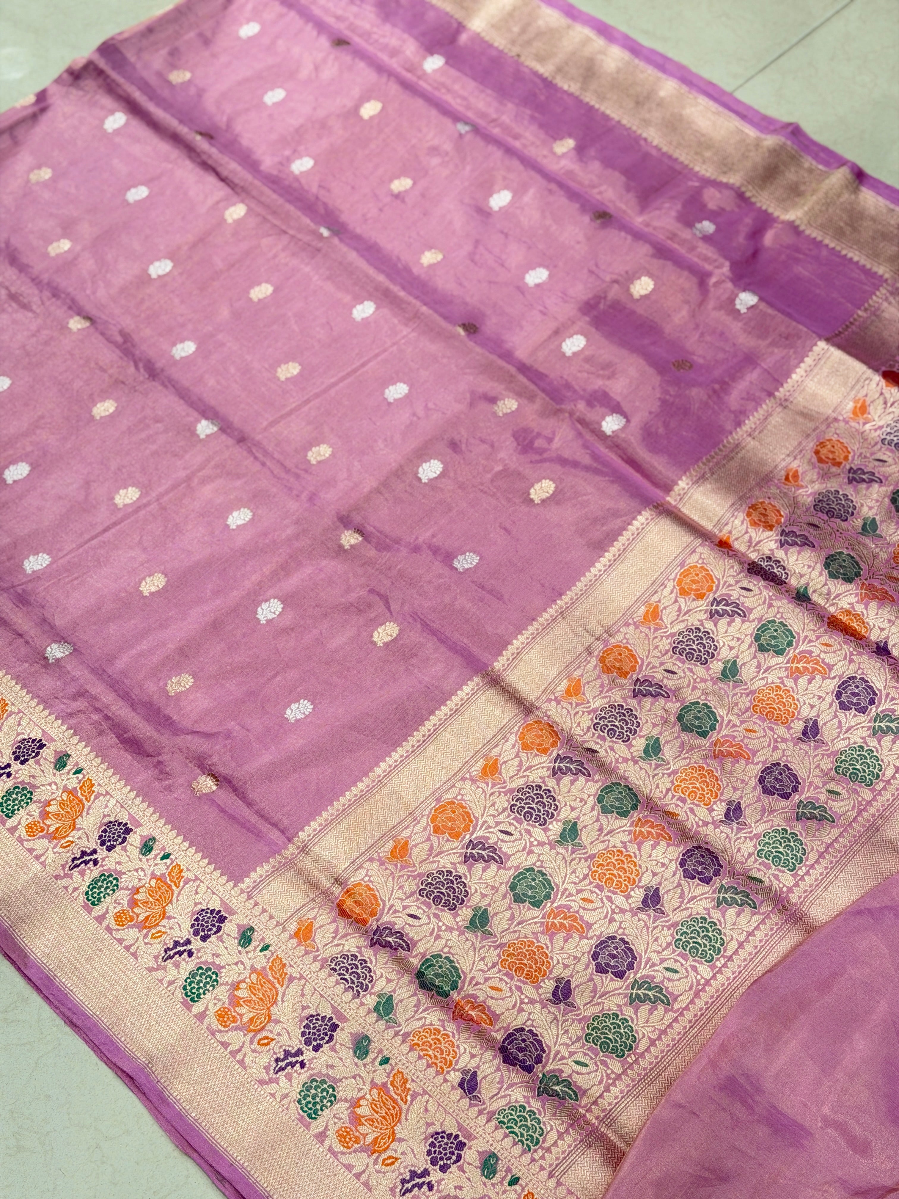 Pink Banarasi Katan Silk Tissue Handloom Kadwa Weave Saree