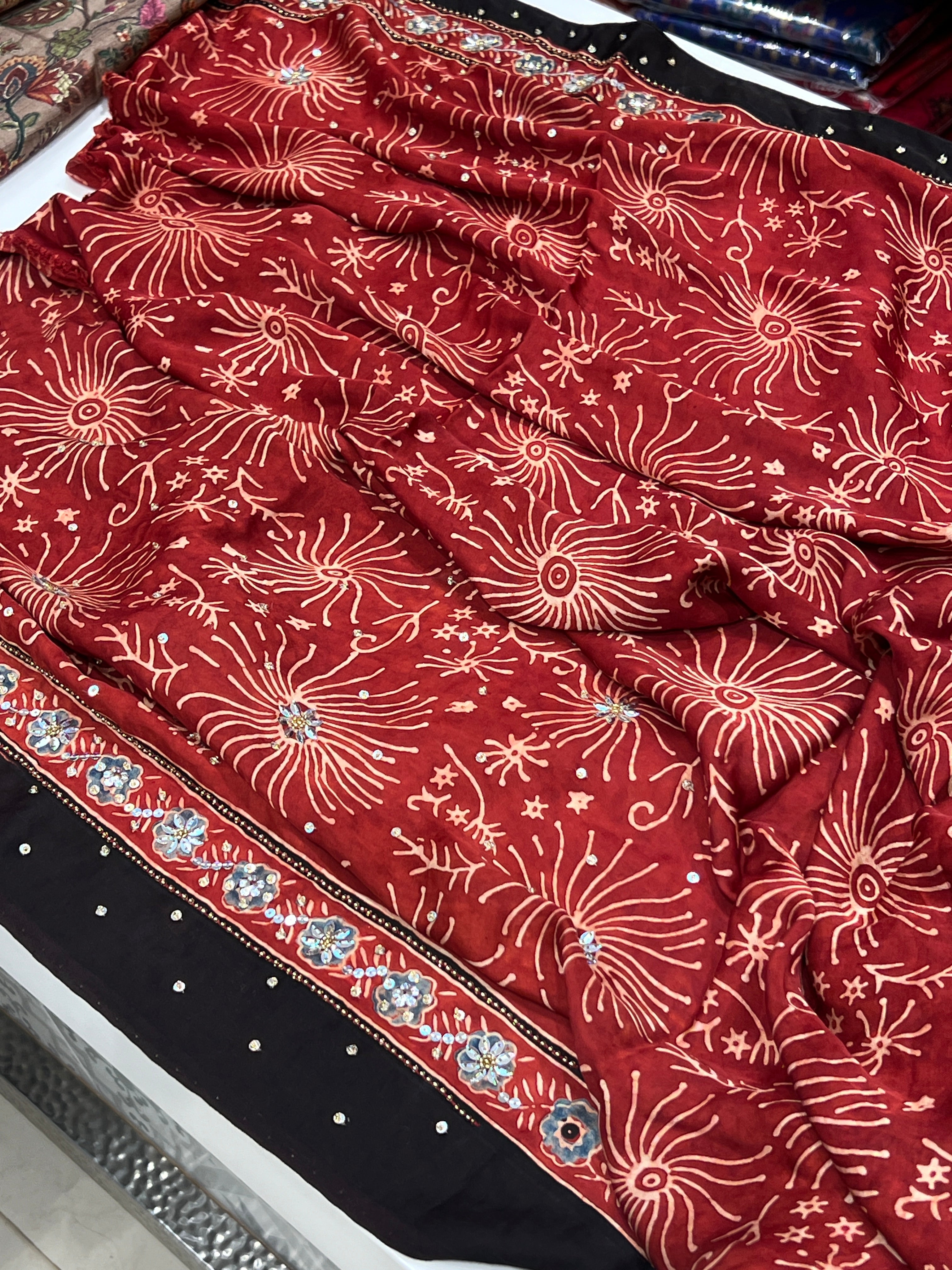 Red Black Hand Embroidery Ajrakh Saree