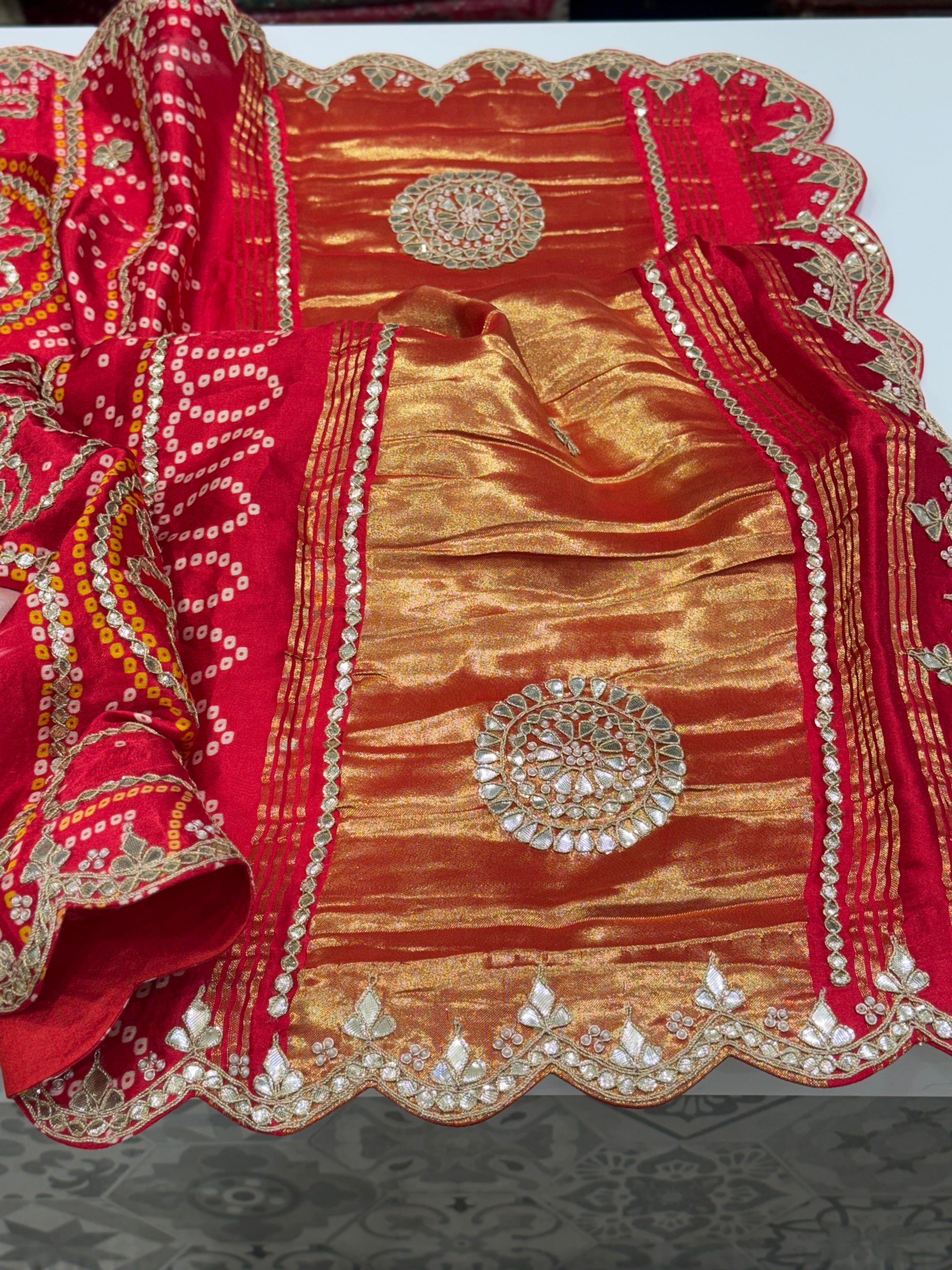 Moti White Gajji Silk Bandhej Print Hand Done Gotapatti Saree