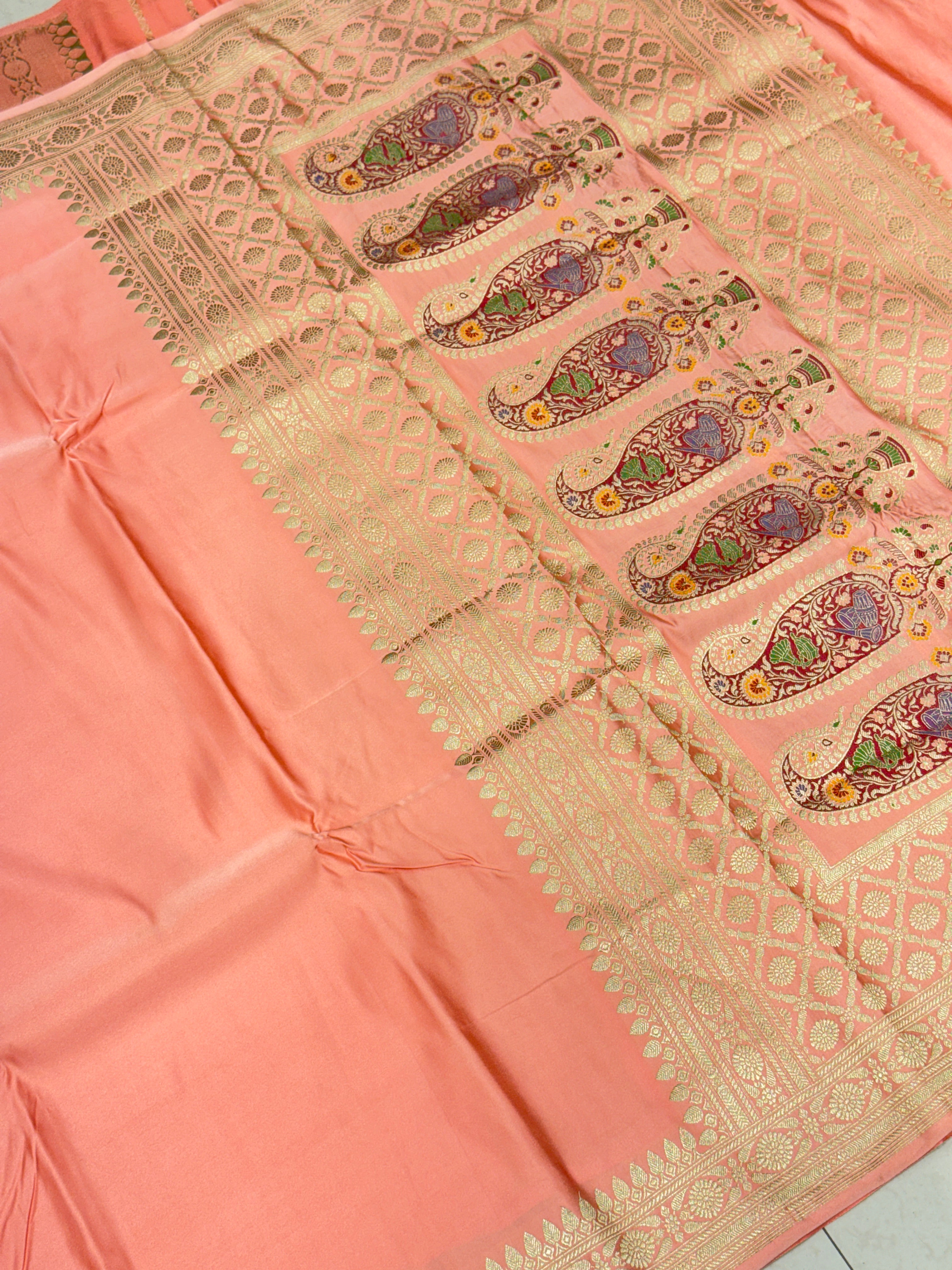 Peach Banarasi Silk Plain Body Meena Pallu Saree