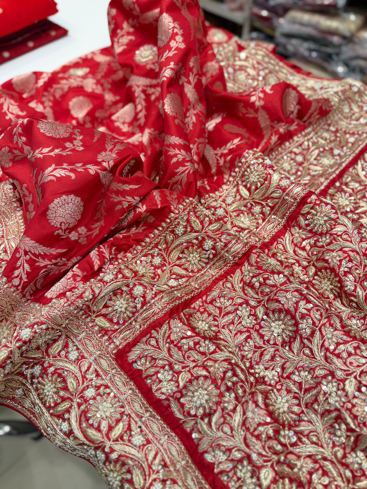 Red Banarasi Handloom Katan Silk Hand Embroidery Zardosi Saree