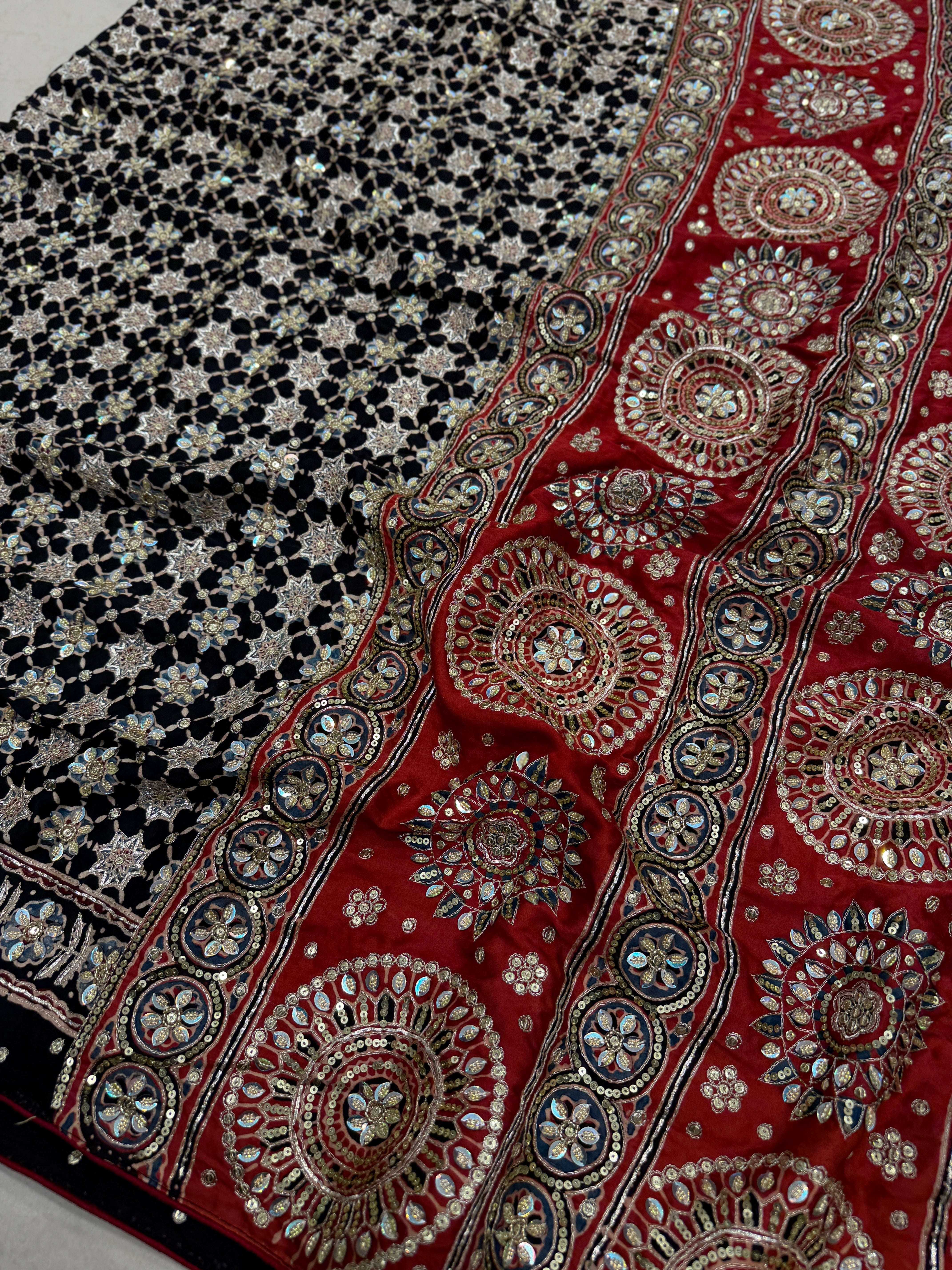 Red Black Jaal Pita Sequin Ajrakh Hand Embroidery Saree