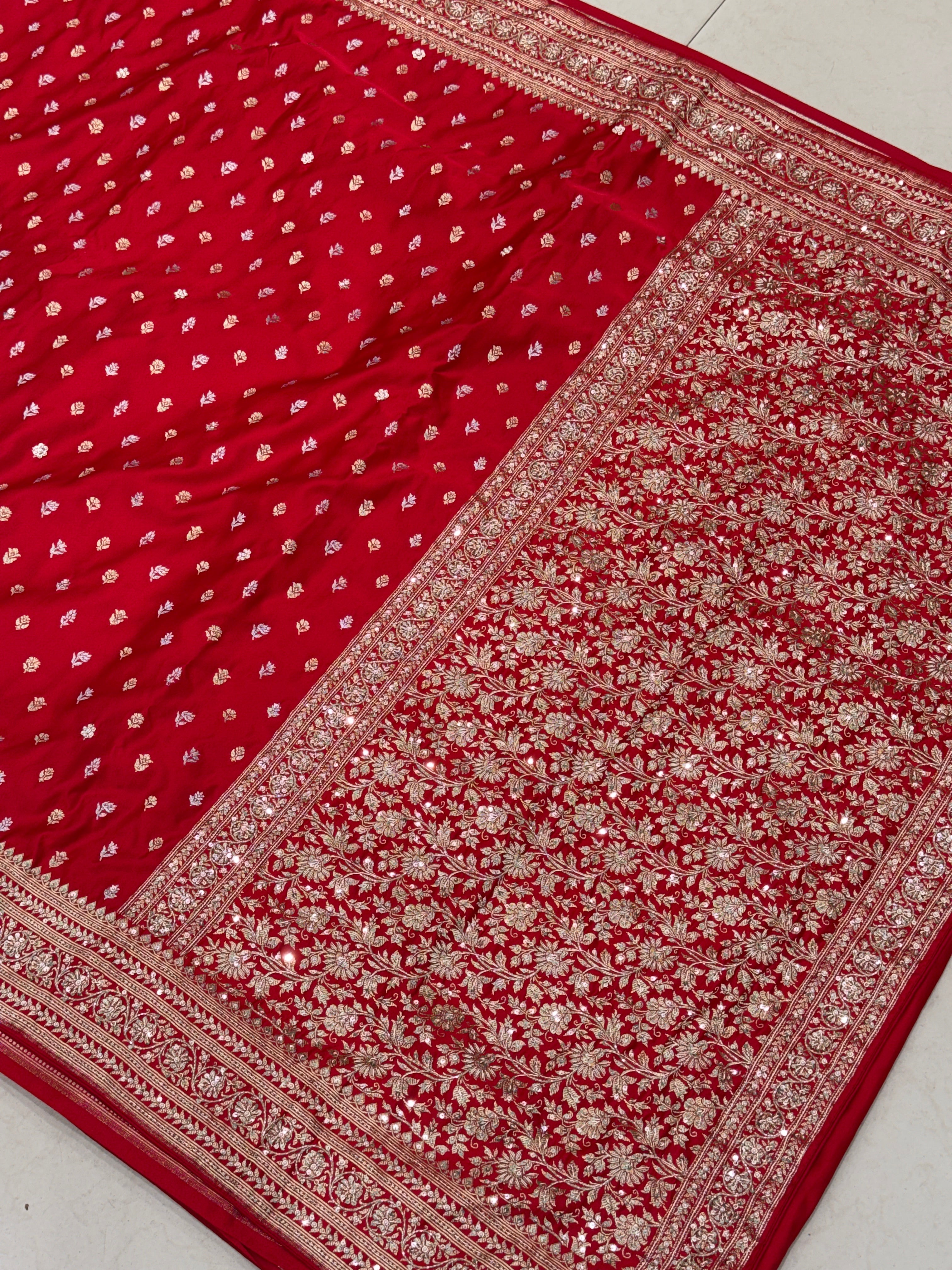 Red Sona Roopa Buttis Zardosi Hand Embroidery Banarasi Saree