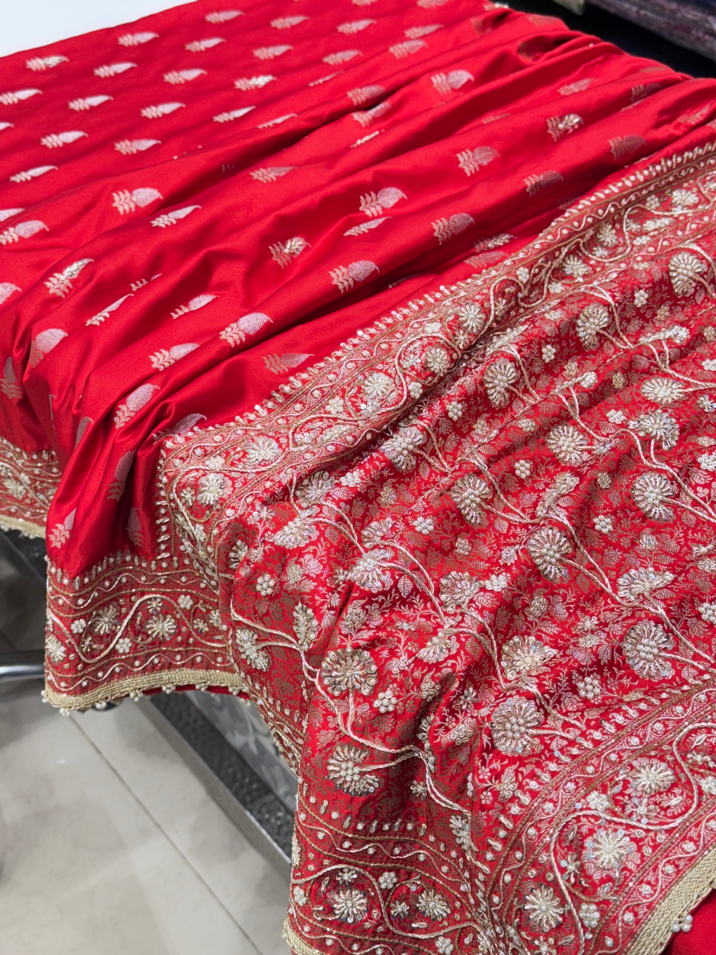 Red Banarasi Japanese Butti Zardosi Hand Embroidery Saree