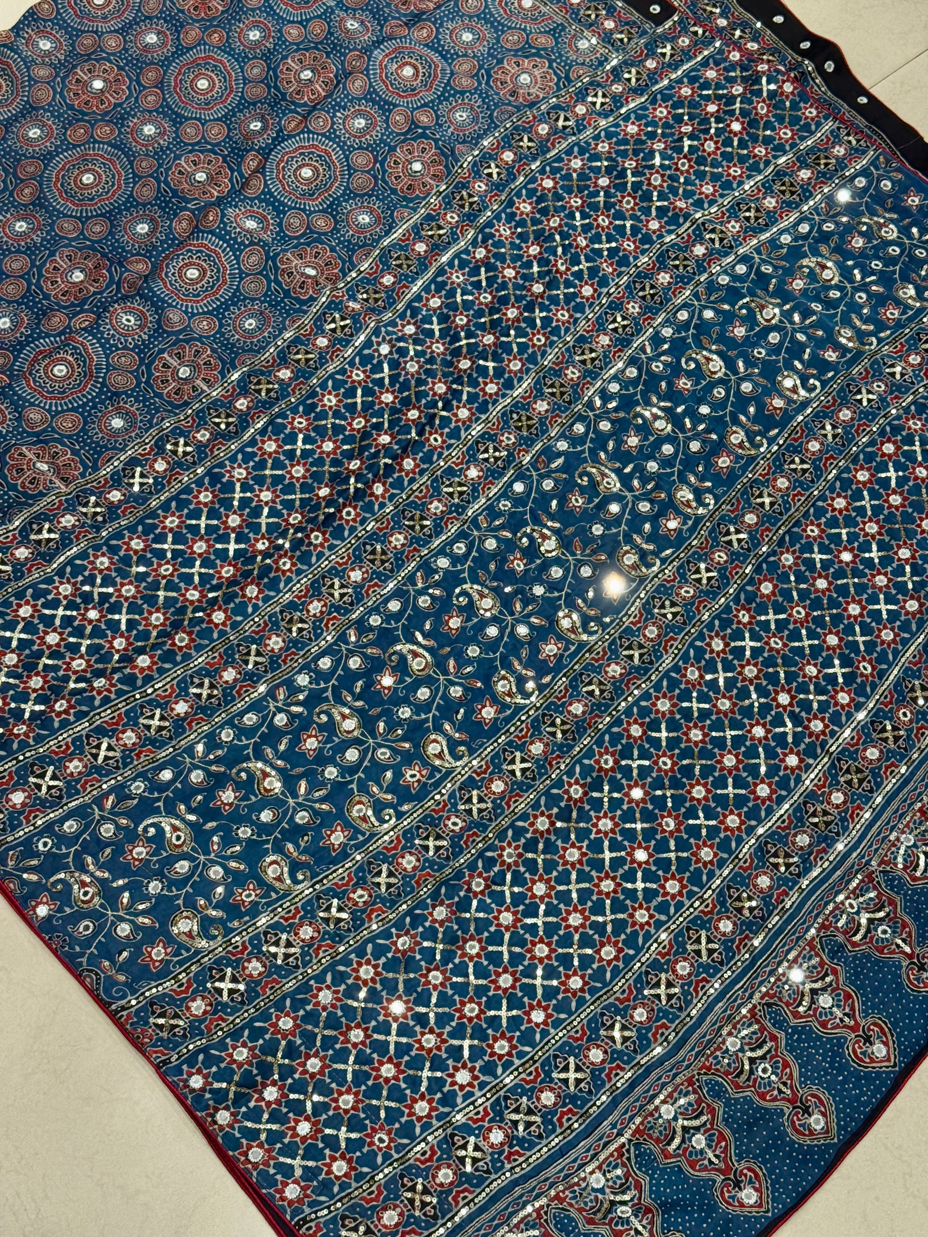 Blue Badam Butta Ajrakh Sequin Mirror Moti Hand Embroidery Saree