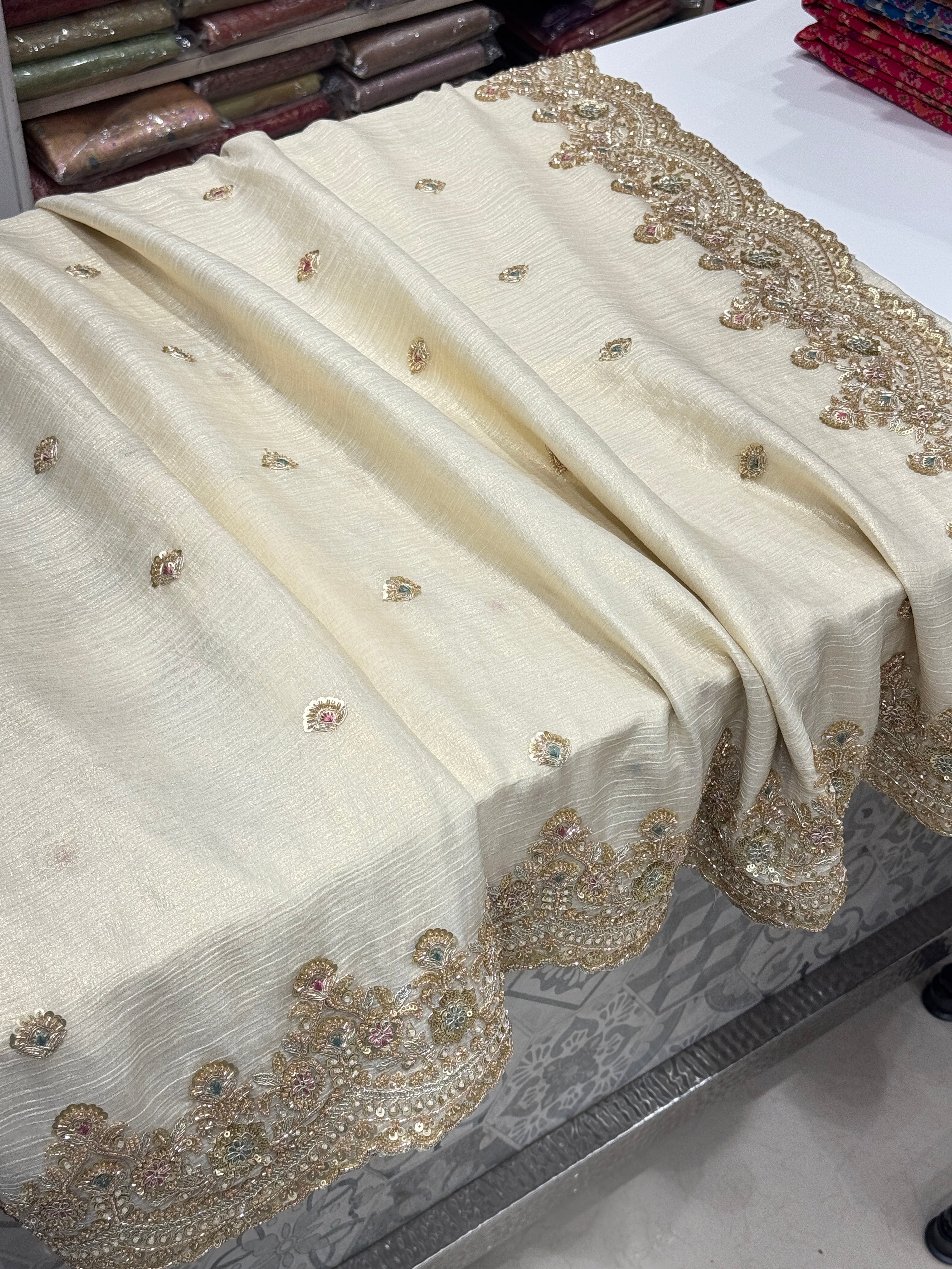 Golden Crushed Soft Tissue Zari Cutdana Embroidered Saree