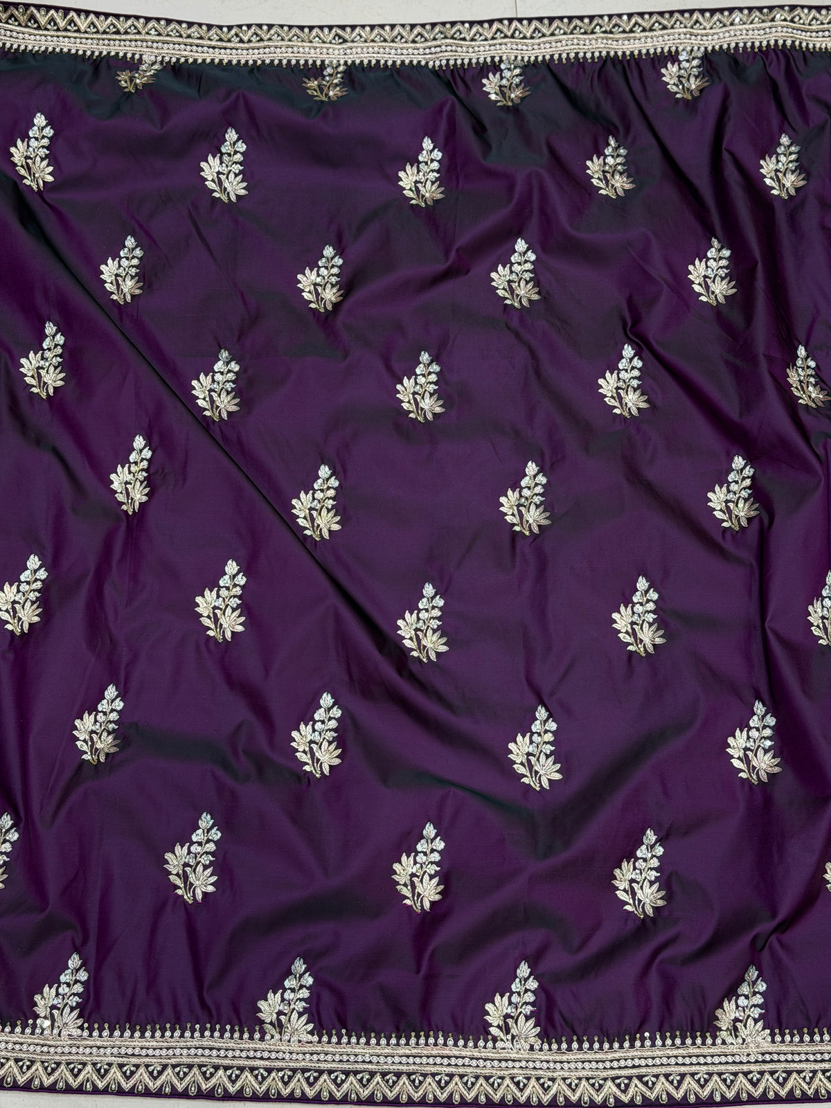 Cross Violet Banarasi Zardosi Hand Embroidery Border Pallu Saree