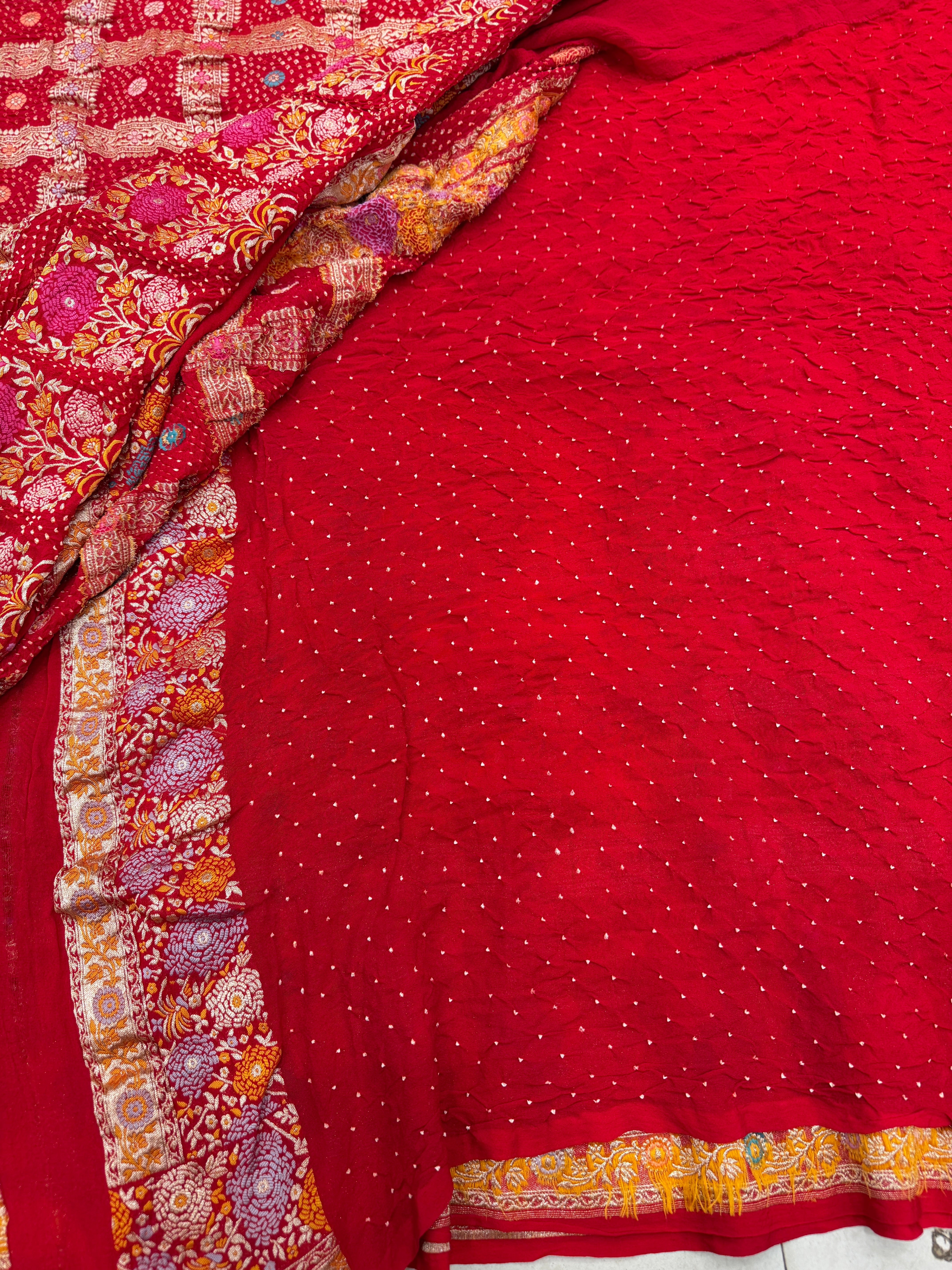 Red Meenakari Checkered Rai Bandhej Bandhini Saree