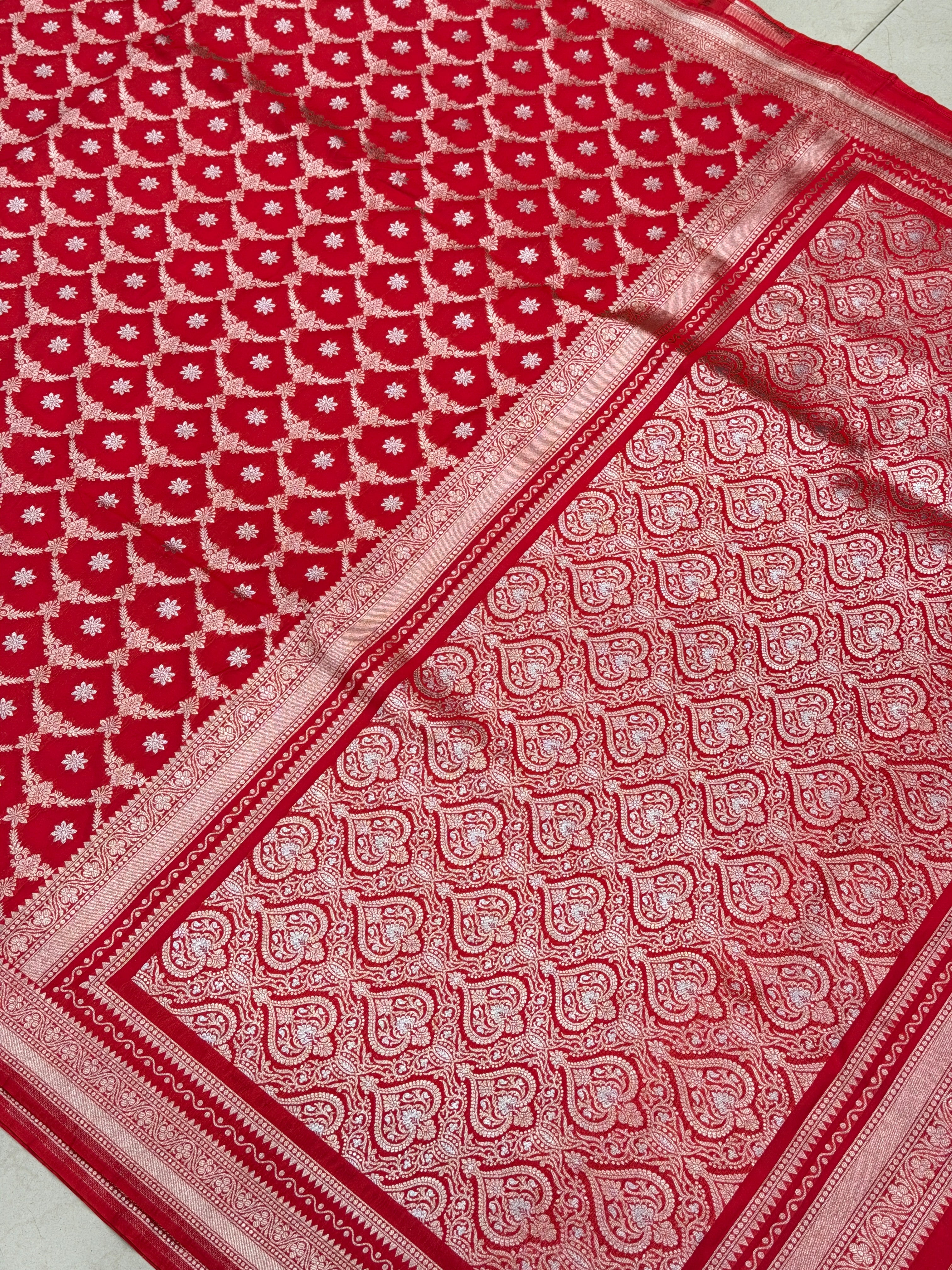 Red Silver Zari Banarasi Silk Jaal Saree