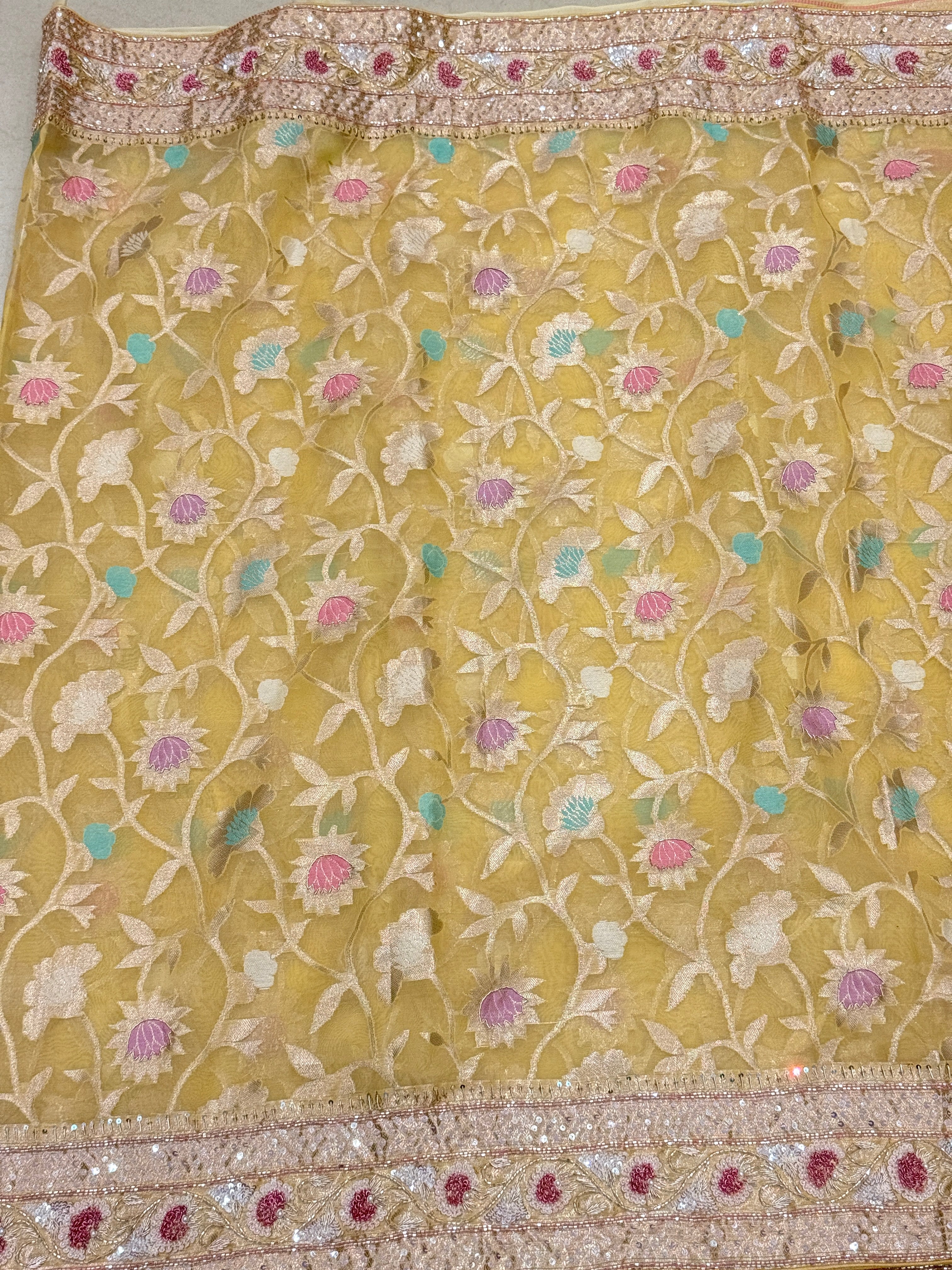 Yellow Meenakari Banarasi Kora Sequin Zardosi Hand Embroidery Saree