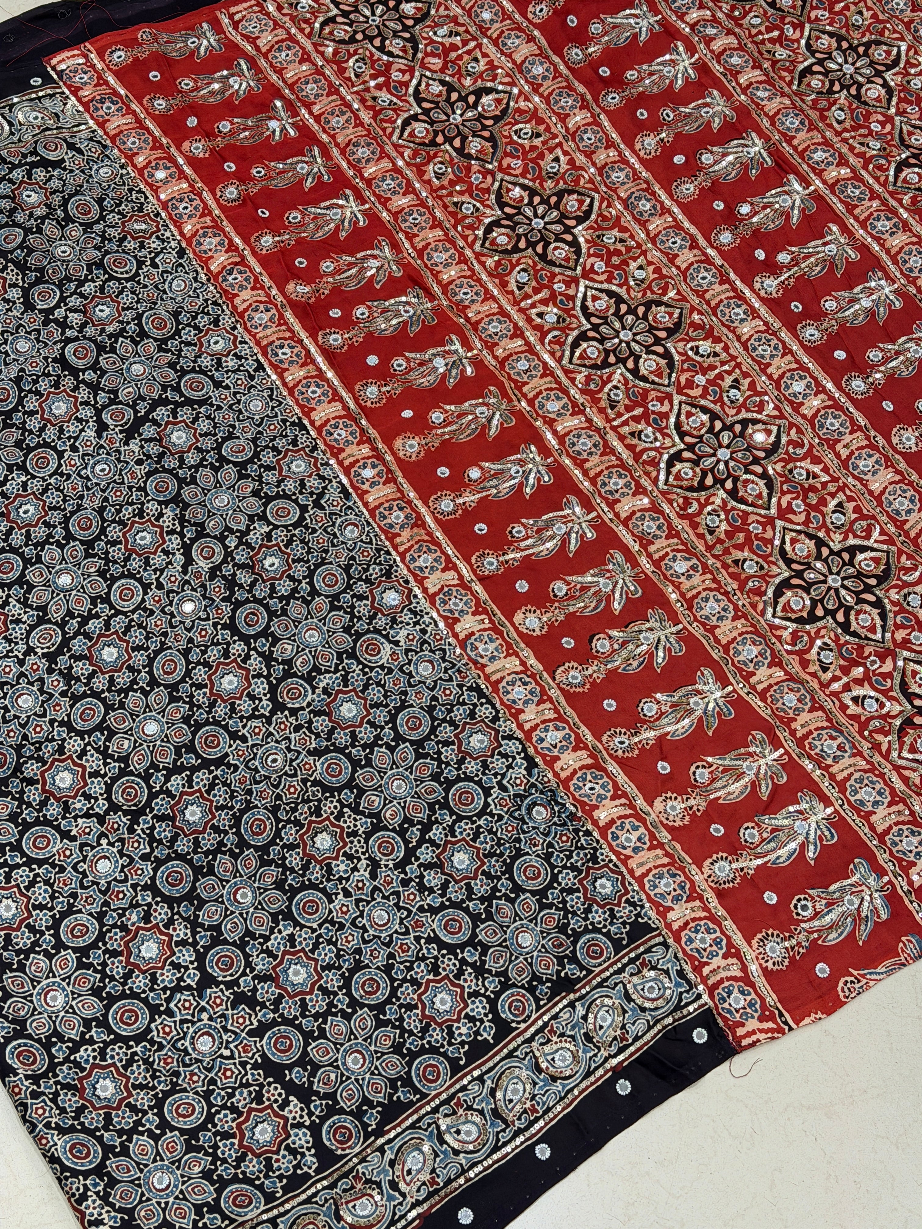 Black Red Ajrakh Jaal Real Mirror Moti Sequin Hand Embroidery Saree