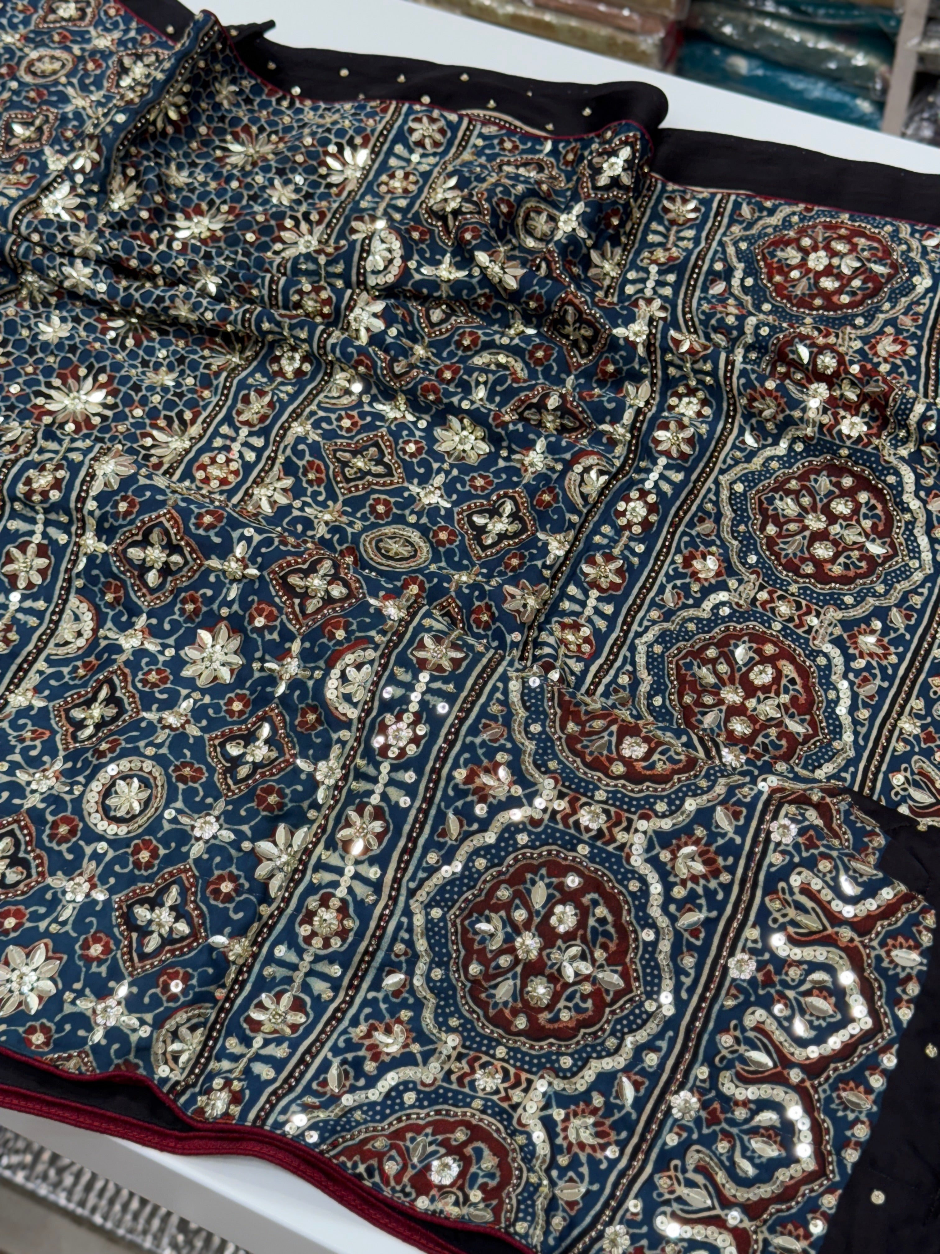 Blue Ajrakh Buttas Sequins Hand Embroidery Saree