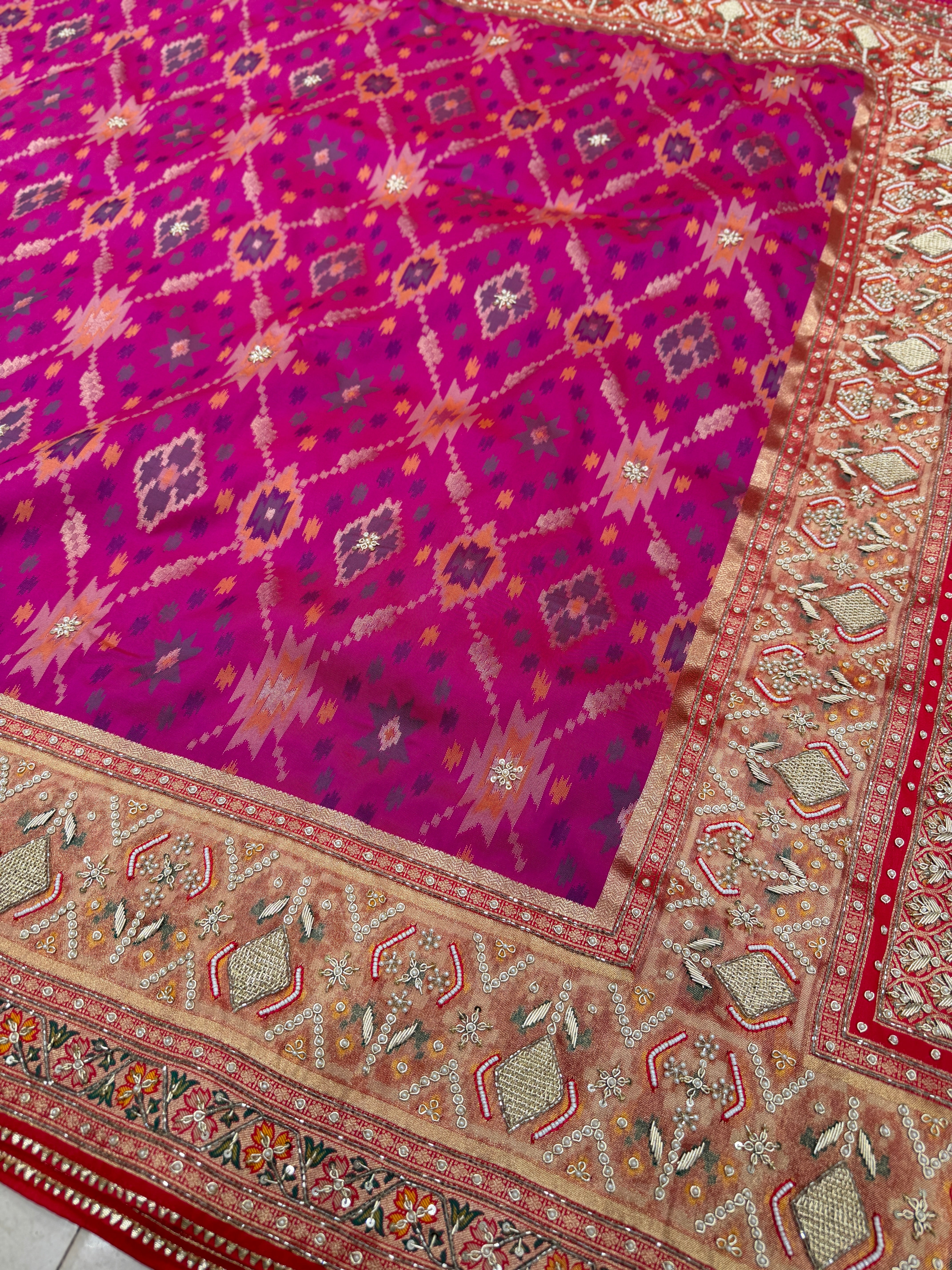 Wine Banarasi Ikat Patola Zardosi Hand Embroidery Saree