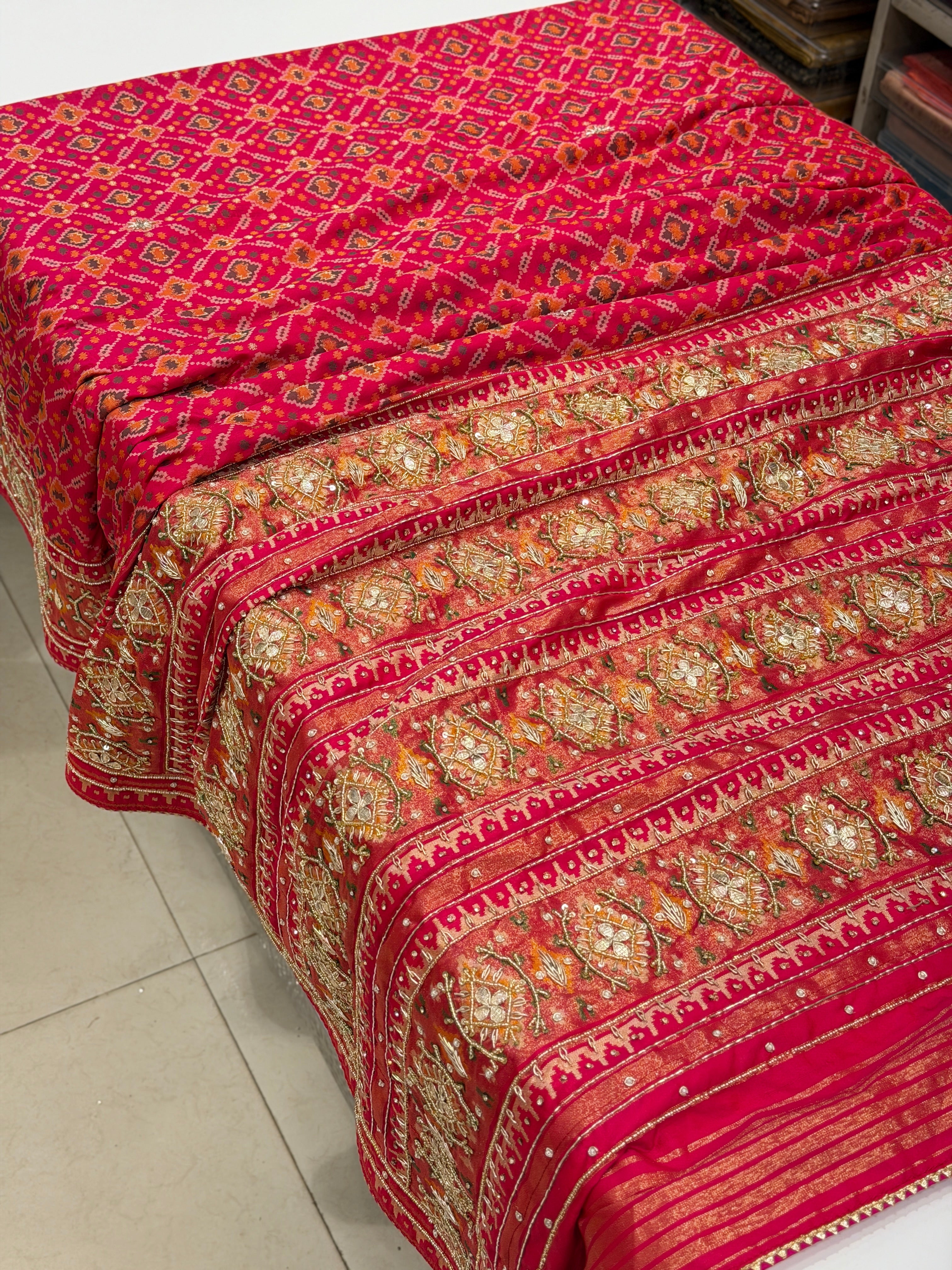 Rani Patola Cross Jaal Hand Embroidery Saree