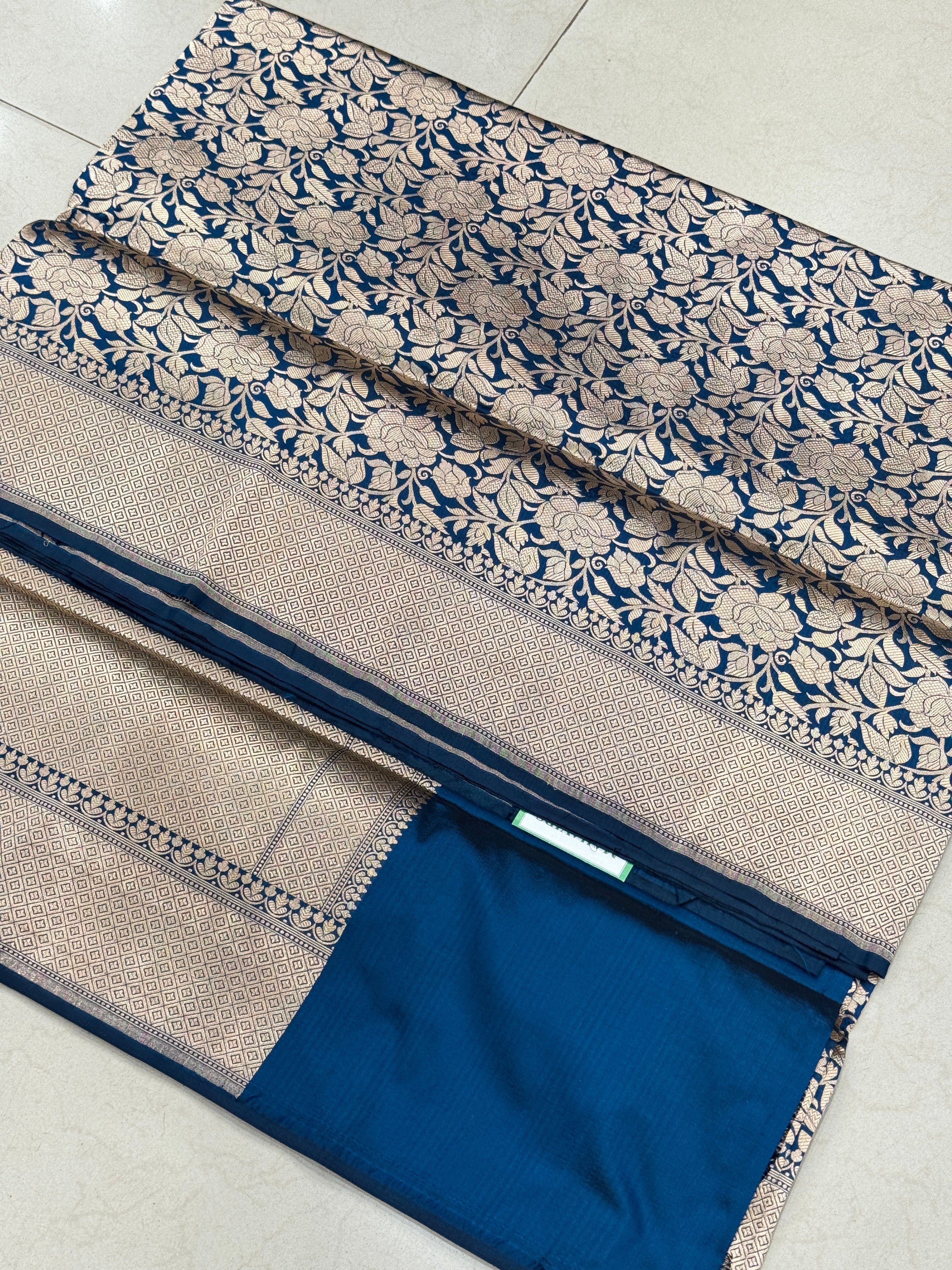 Blue Rose Weaved Handloom Banarasi Katan Silk Saree