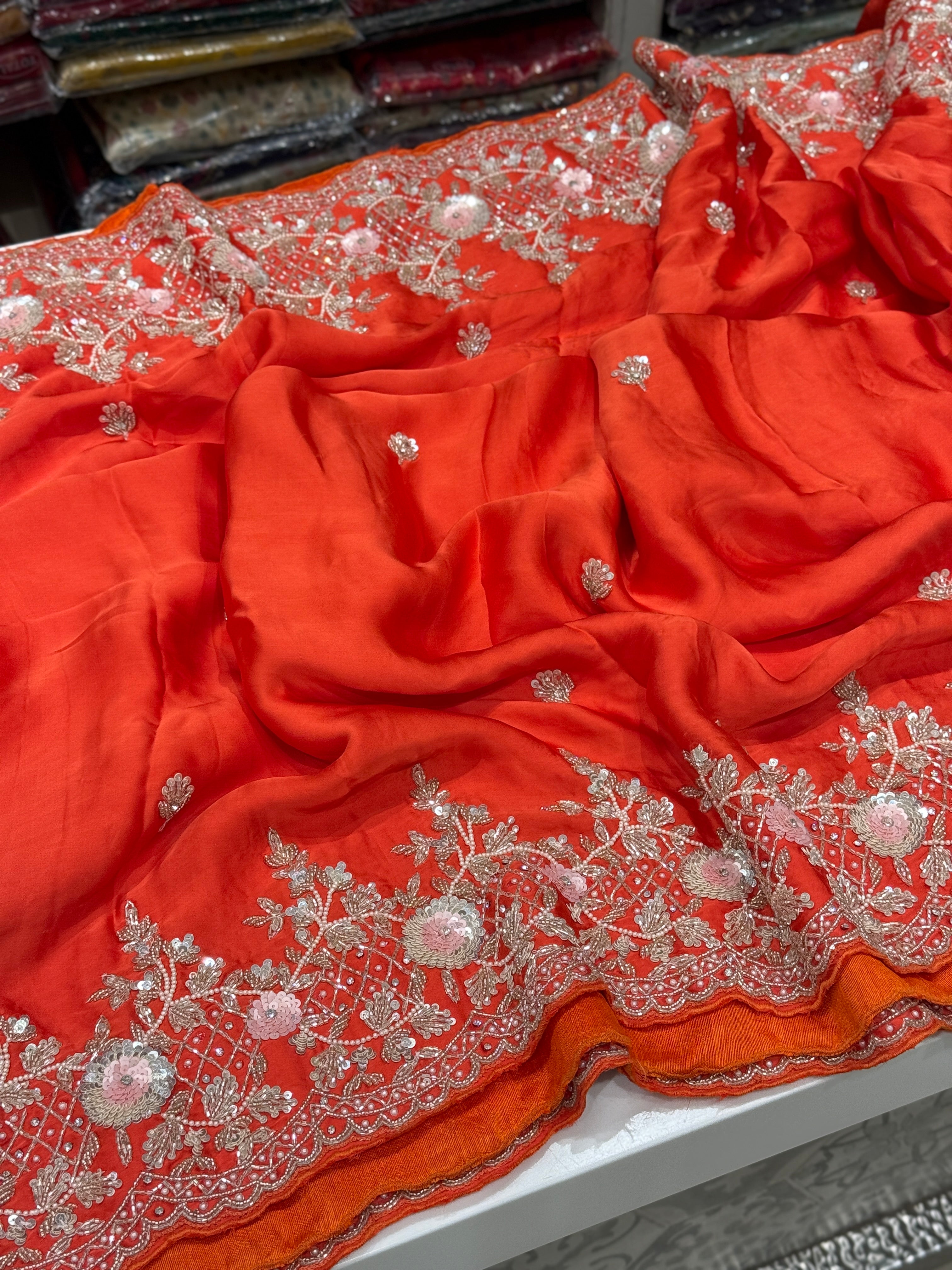 Orange Satin Sequin Moti Border Hand Embroidery Saree