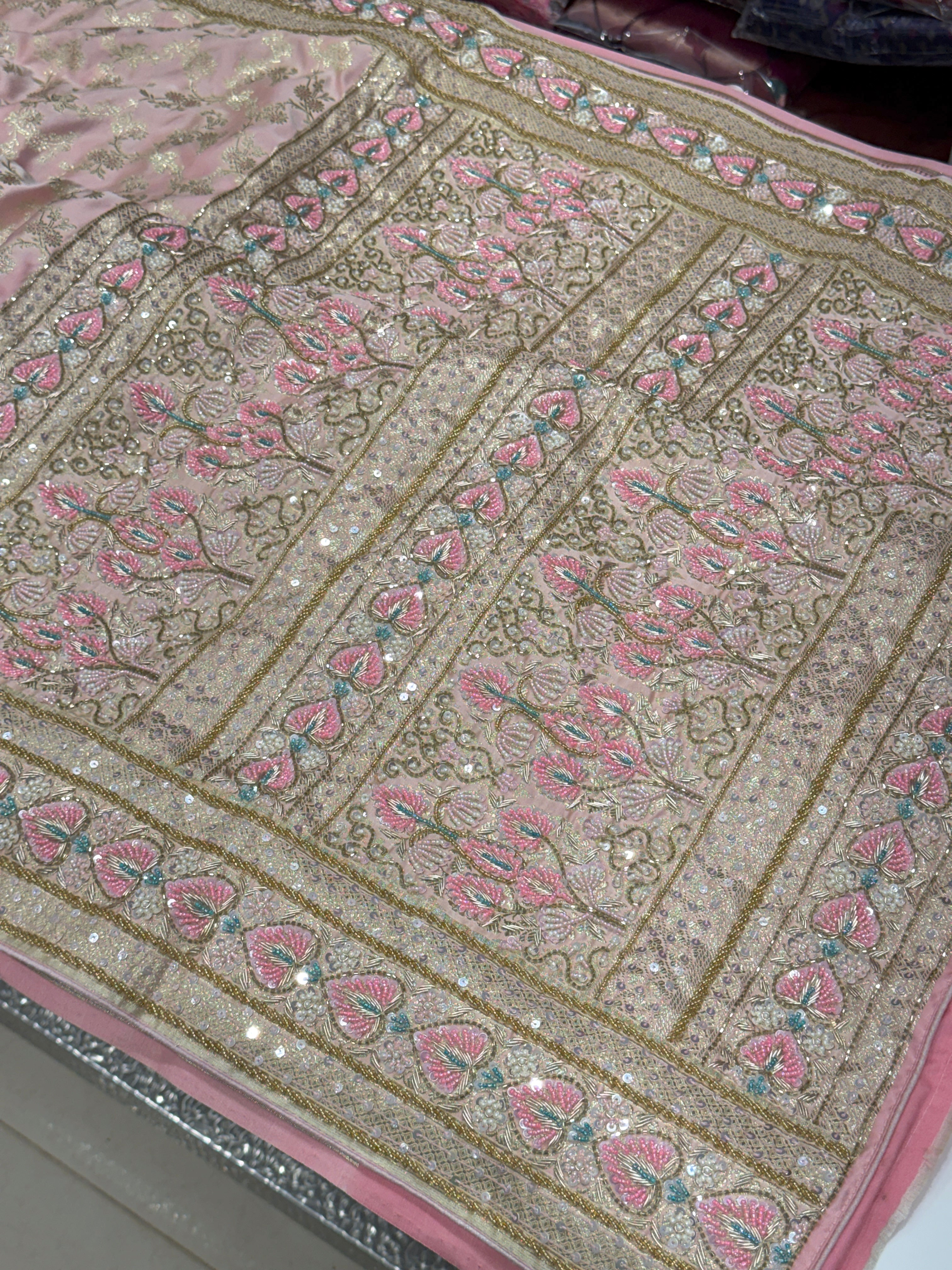 Pink Banarasi Silk Heart Border Fancy Hand Embroidery Saree