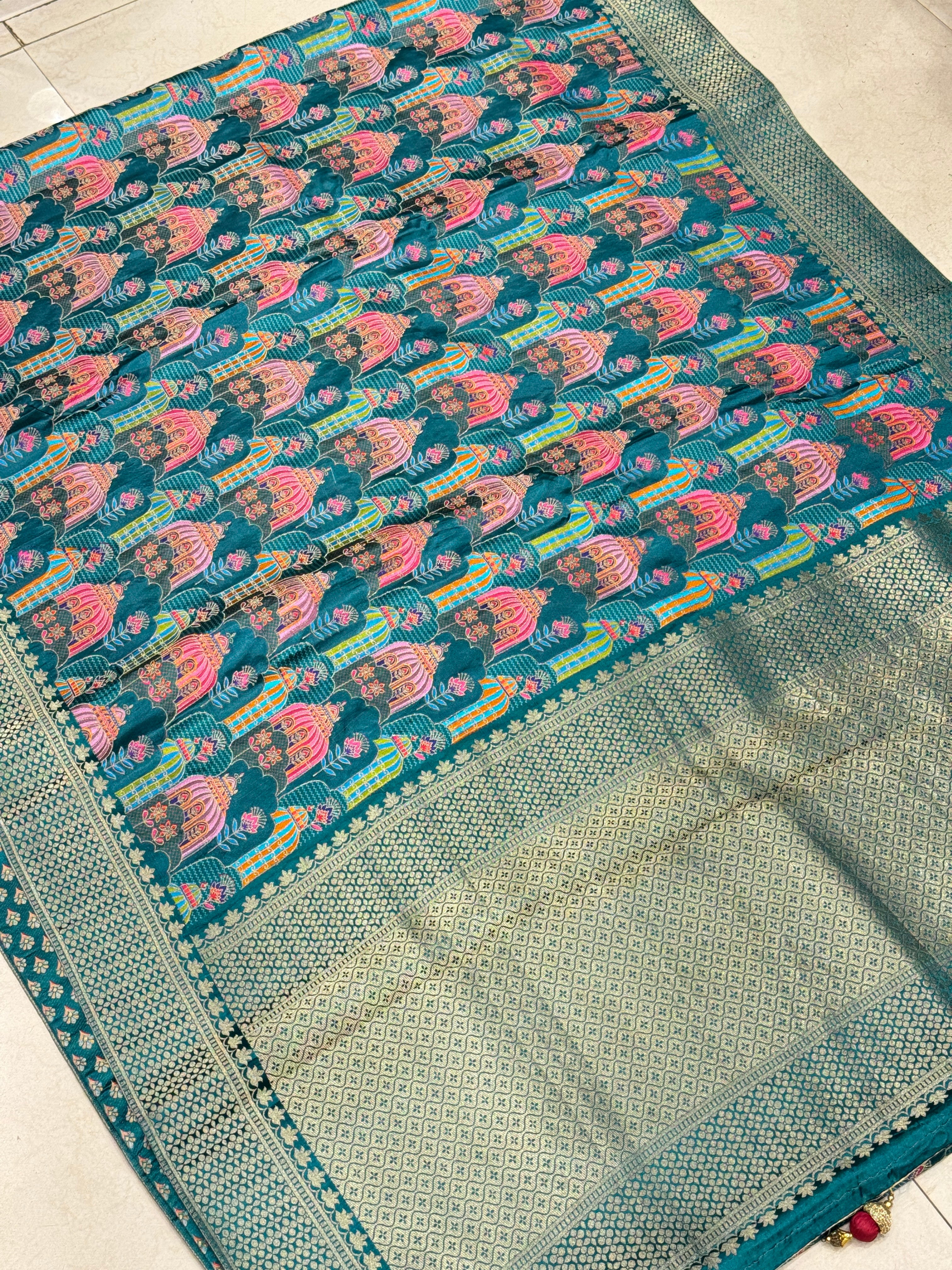 Petrol Green Temple Theme Modal Satin Saree
