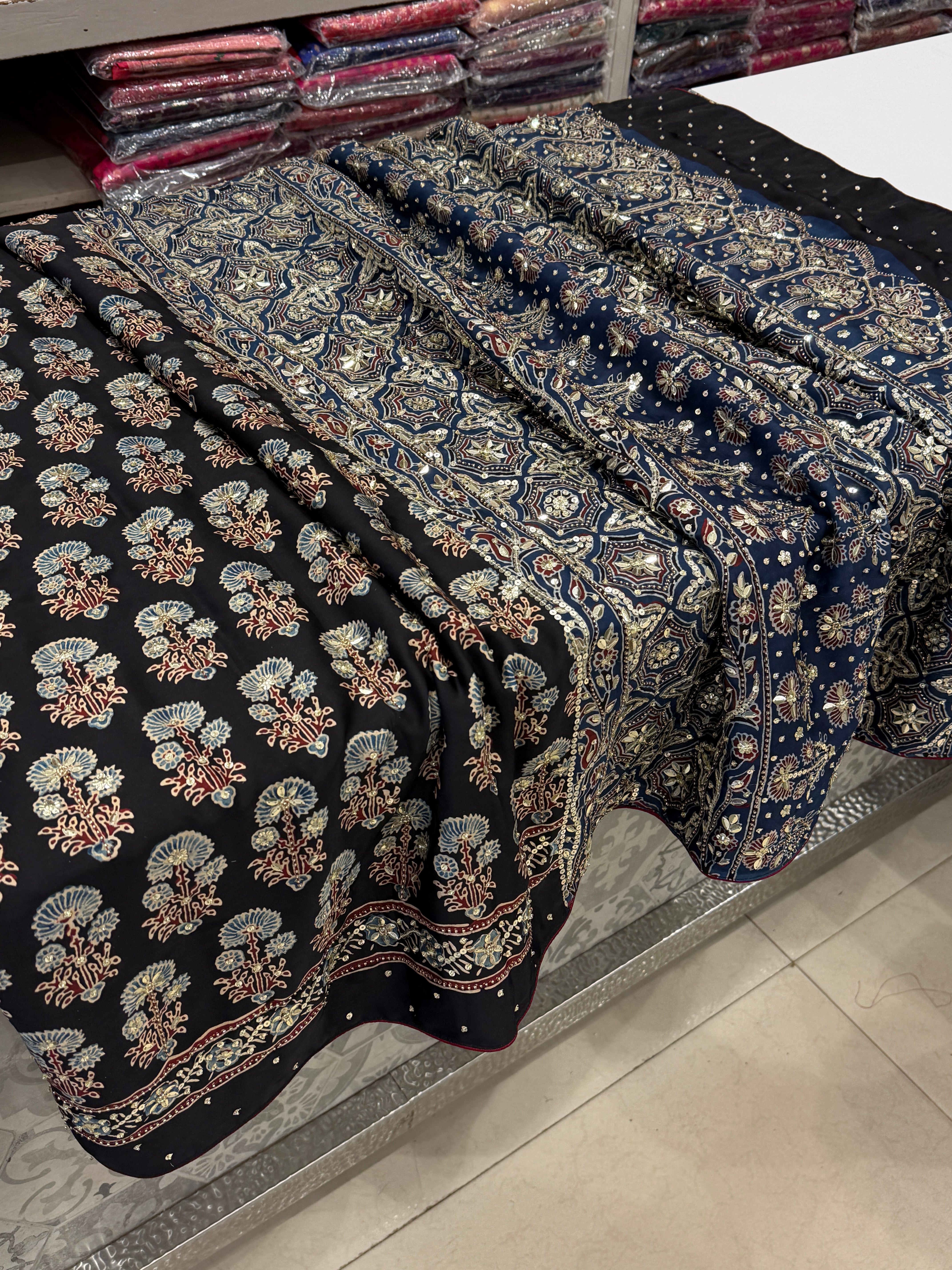 Black Butta Moti Sequin Ajrakh Hand Embroidery Saree