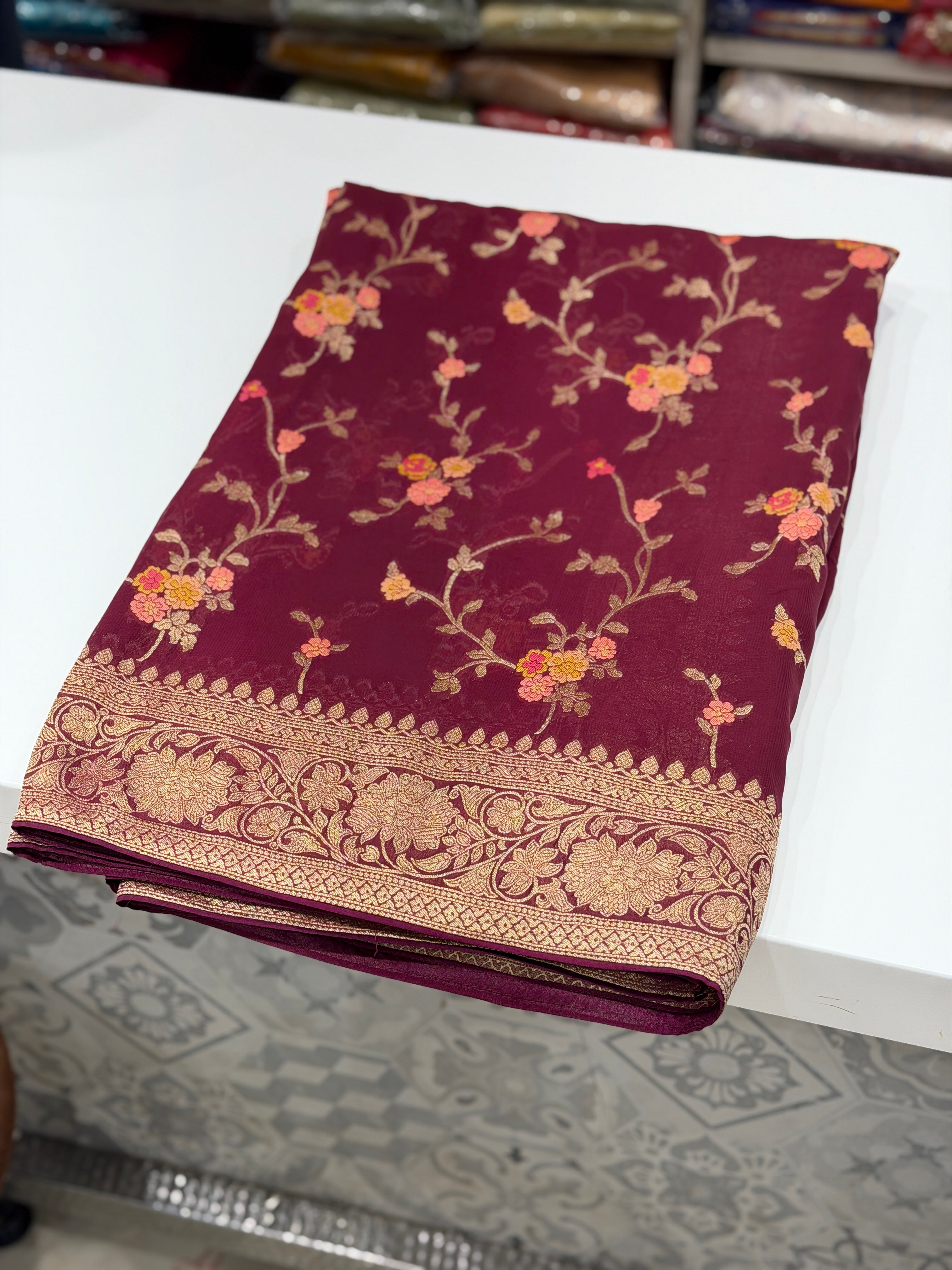 Wine Meenakari Banarasi Khaddi Georgette Jaal Saree