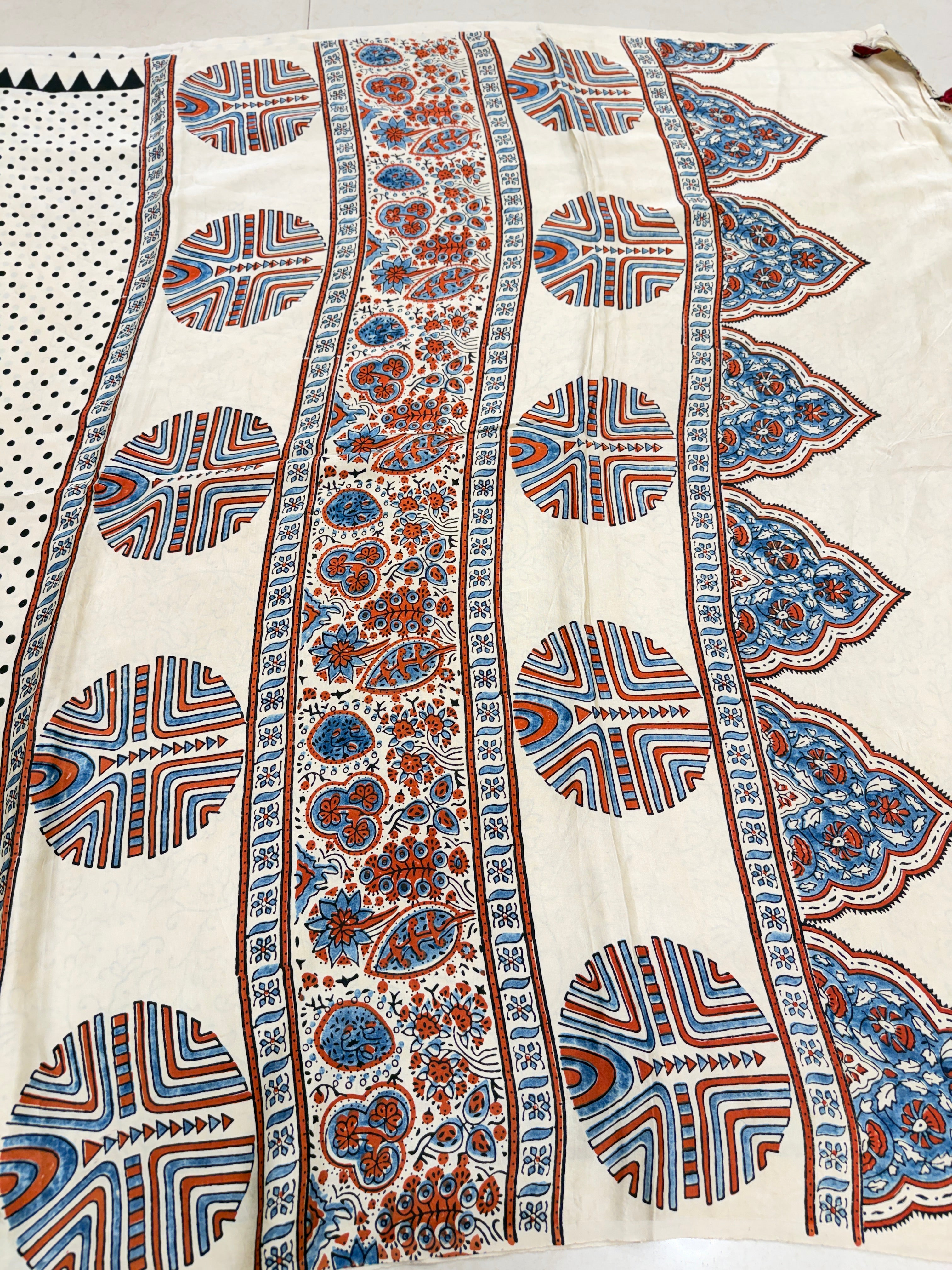 White Polka Dot Ajrakh Hand Block Print Pure Gajji Silk Saree