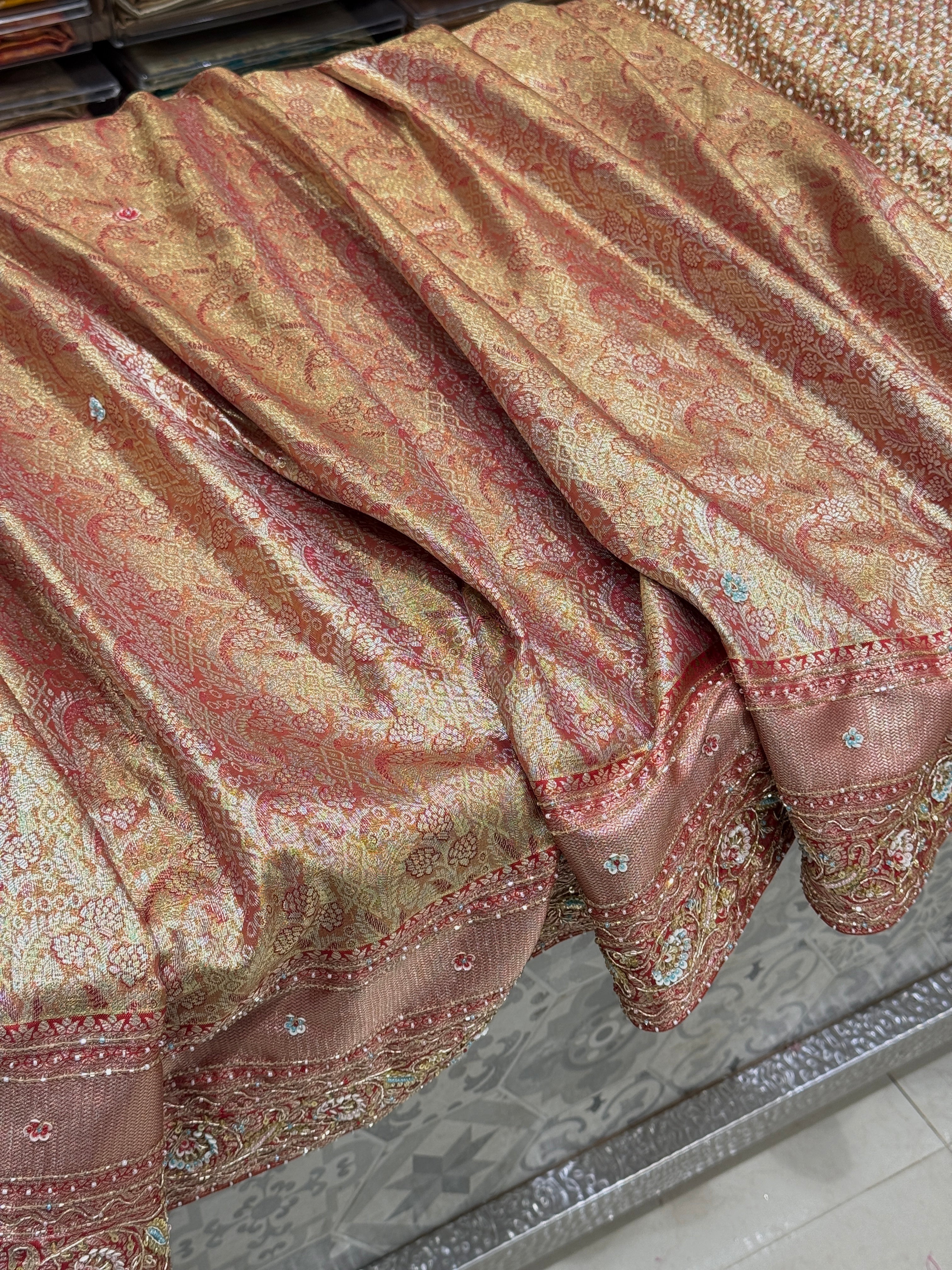Golden Red Tissue Kanjivaram Hand Embroidery Saree