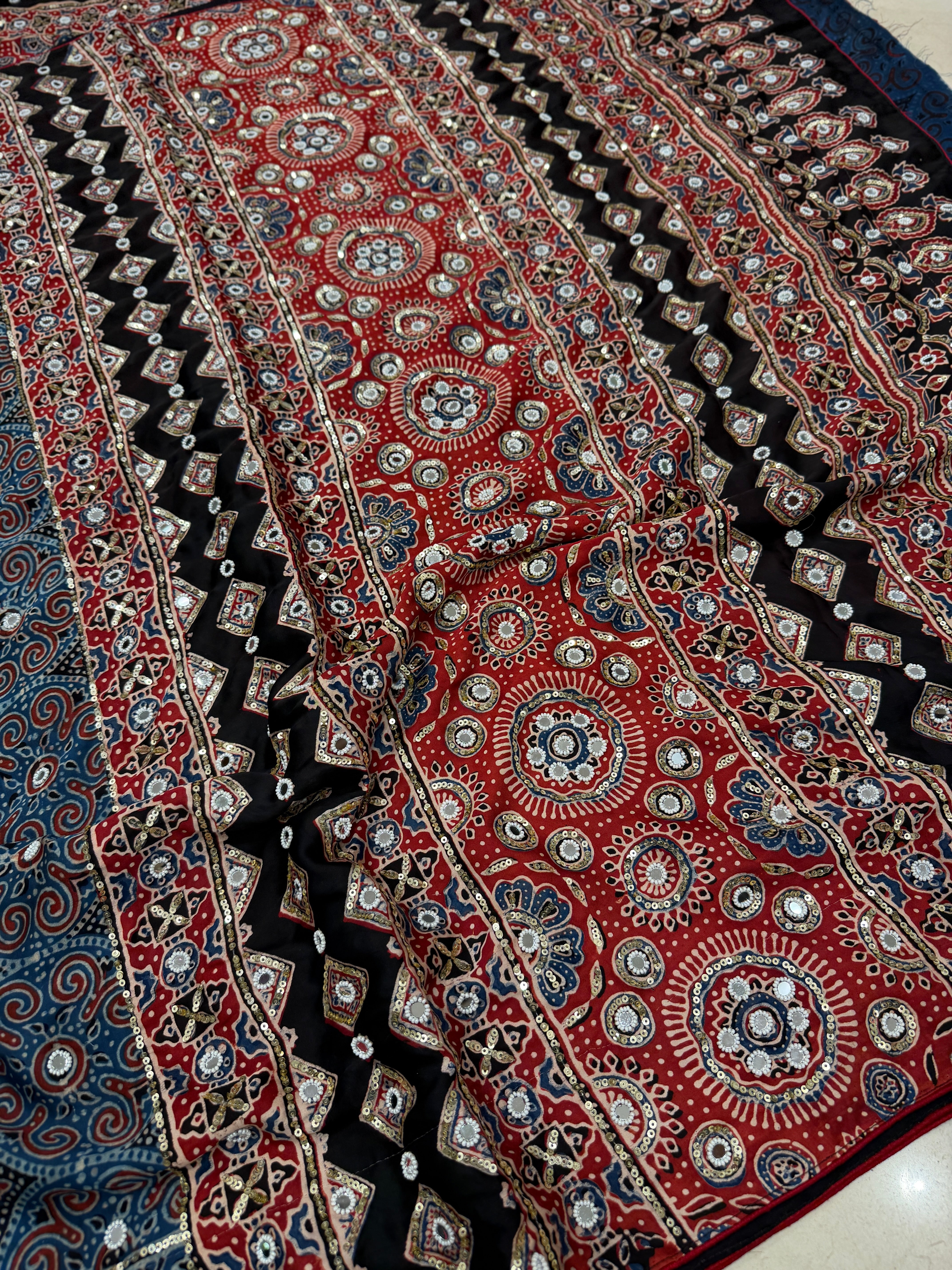 Blue Red Ajrakh Real Mirror Resham Hand Embroidery Saree