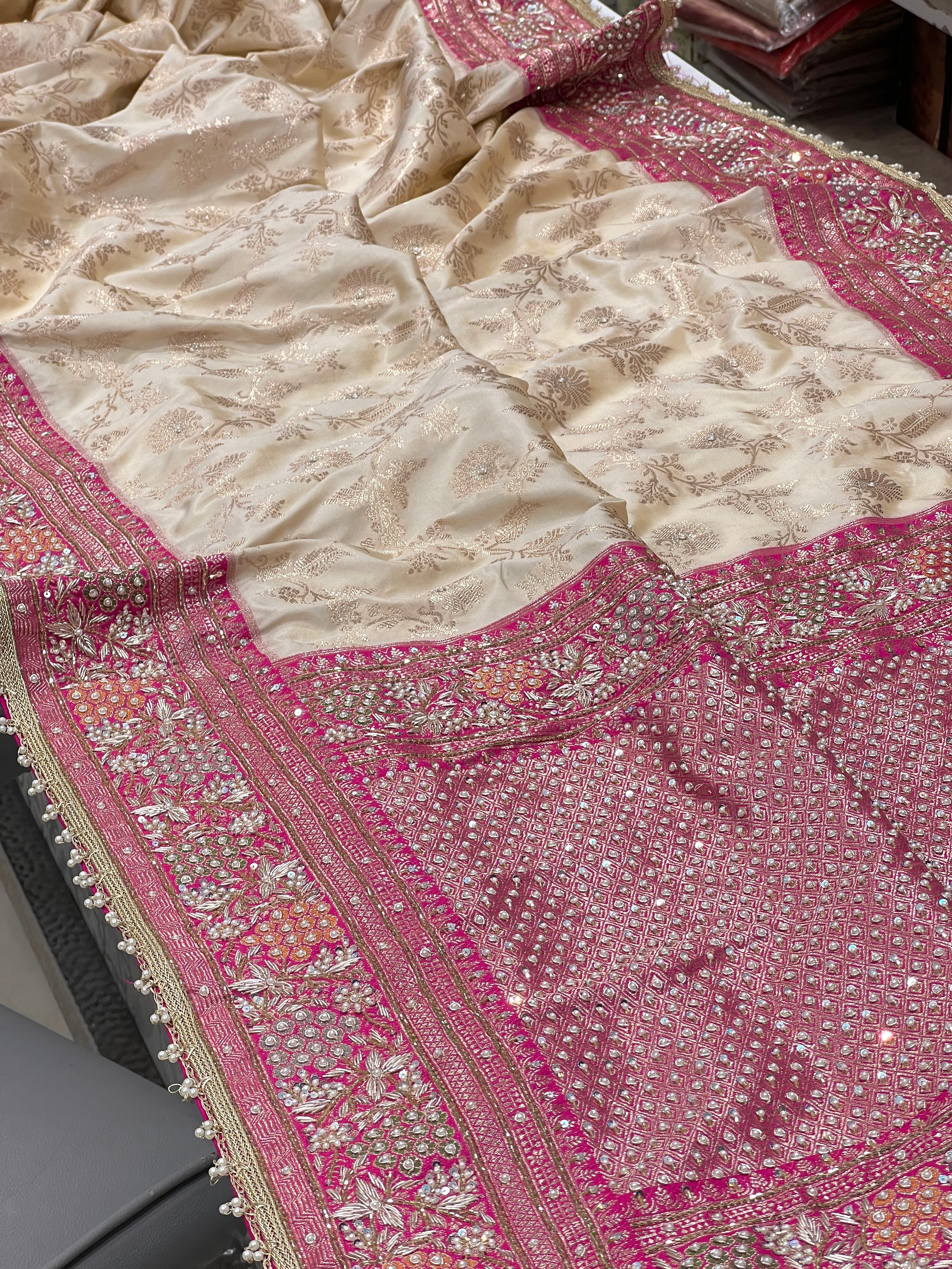 Beige Banarasi Rani Border Hand Embroidery Saree